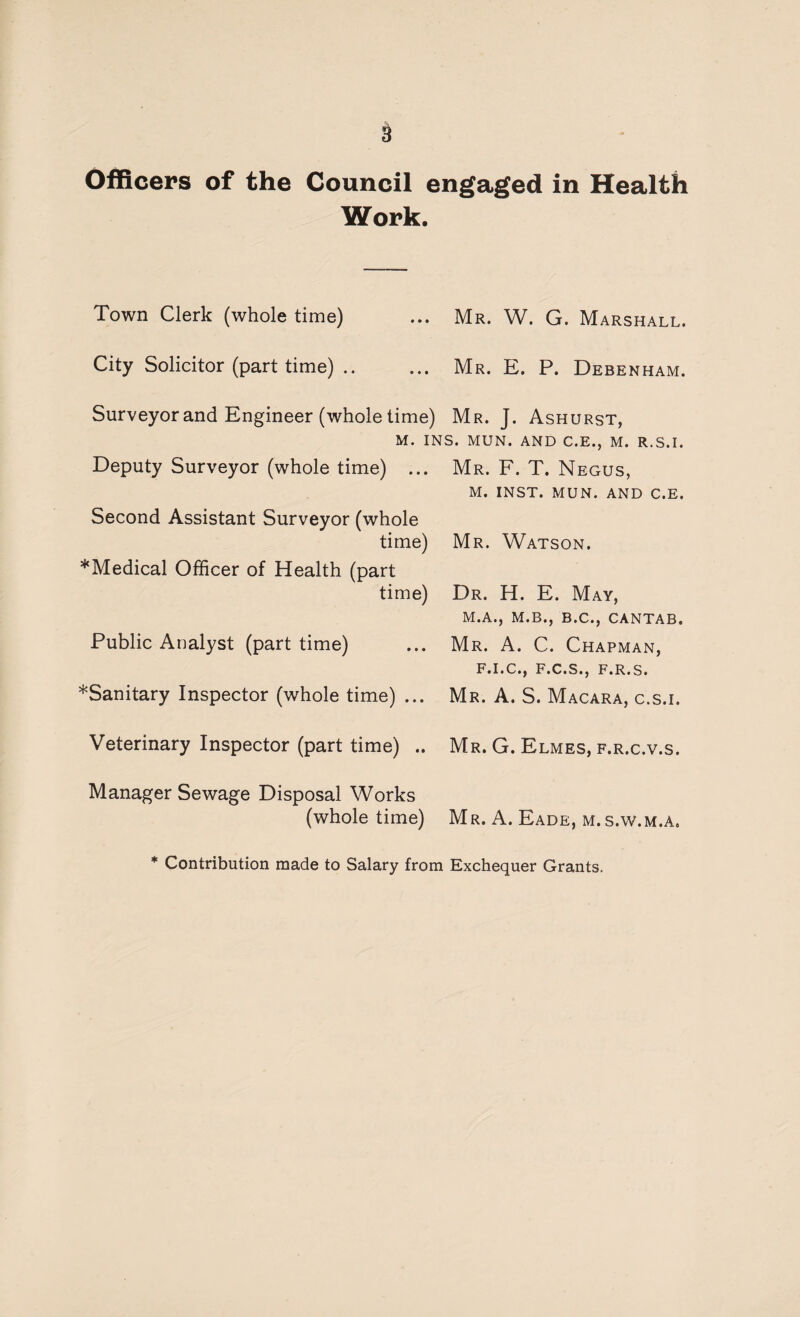 a Officers of the Council engaged in Health Work. Town Clerk (whole time) ... Mr. W. G. Marshall. City Solicitor (part time) .. ... Mr. E. P. Debenham. Surveyor and Engineer (whole time) Mr. J. Ashurst, M. INS. MUN. AND C.E., M. R.S.I. Deputy Surveyor (whole time) ... Mr. F. T. Negus, M. INST. MUN. AND C.E. Second Assistant Surveyor (whole time) *Medical Officer of Health (part time) Public Analyst (part time) *Sanitary Inspector (whole time) ... Mr. Watson. Dr. H. E. May, M.A., M.B., B.C., CANTAB. Mr. A. C. Chapman, F.I.C., F.C.S., F.R.S. Mr. A. S. Macara, c.s.i. Veterinary Inspector (part time) .. Mr. G. Elmes, f.r.c.v.s. Manager Sewage Disposal Works (whole time) Mr. A. Eade, m.s.w.m.a. * Contribution made to Salary from Exchequer Grants.