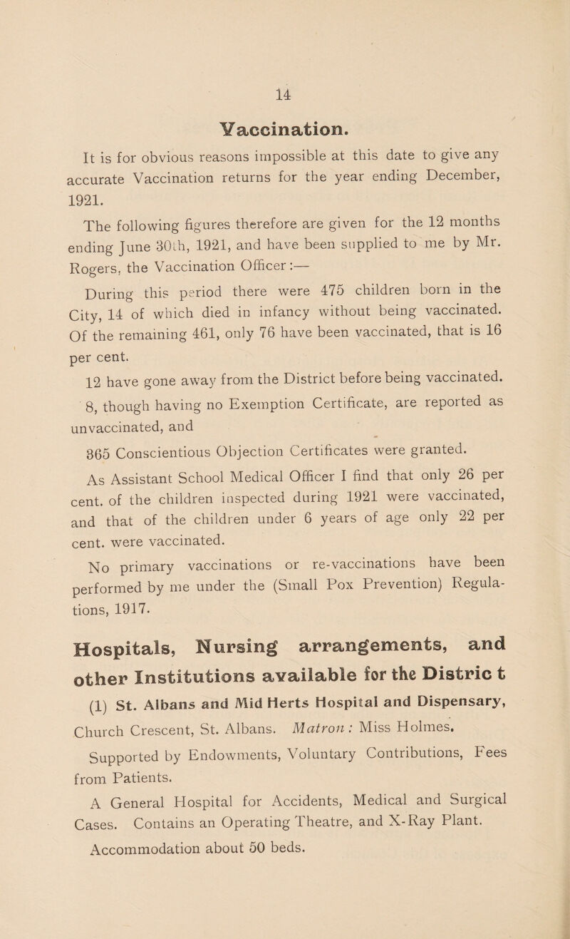 Vaccination* It is for obvious reasons impossible at this date to give any accurate Vaccination returns for the year ending December, 1921. The following figures therefore are given for the 12 months ending June 30th, 1921, and have been supplied to me by Mr. Rogers, the Vaccination Officer During this period there were 475 children born in the City, 14 of which died in infancy without being vaccinated. Of the remaining 461, only 76 have been vaccinated, that is 16 per cent. 12 have gone away from the District before being vaccinated. 8, though having no Exemption Certificate, are reported as unvaccinated, and 865 Conscientious Objection Certificates were granted. As Assistant School Medical Officer I find that only 26 per cent, of the children inspected during 1921 were vaccinated, and that of the children under 6 years of age only 22 per cent, were vaccinated. No primary vaccinations or re-vaccinations have been performed by me under the (Small Pox Prevention) Regula¬ tions, 1917. Hospitals, Nursing arrangements, and other Institutions available for the Distric t (1) St. Albans and Mid Herts Hospital and Dispensary, Church Crescent, St. Albans. Matron: Miss Holmes. Supported by Endowments, Voluntary Contributions, Fees from Patients. A General Hospital for Accidents, Medical and Surgical Cases. Contains an Operating Theatre, and X-Ray Plant. Accommodation about 50 beds.