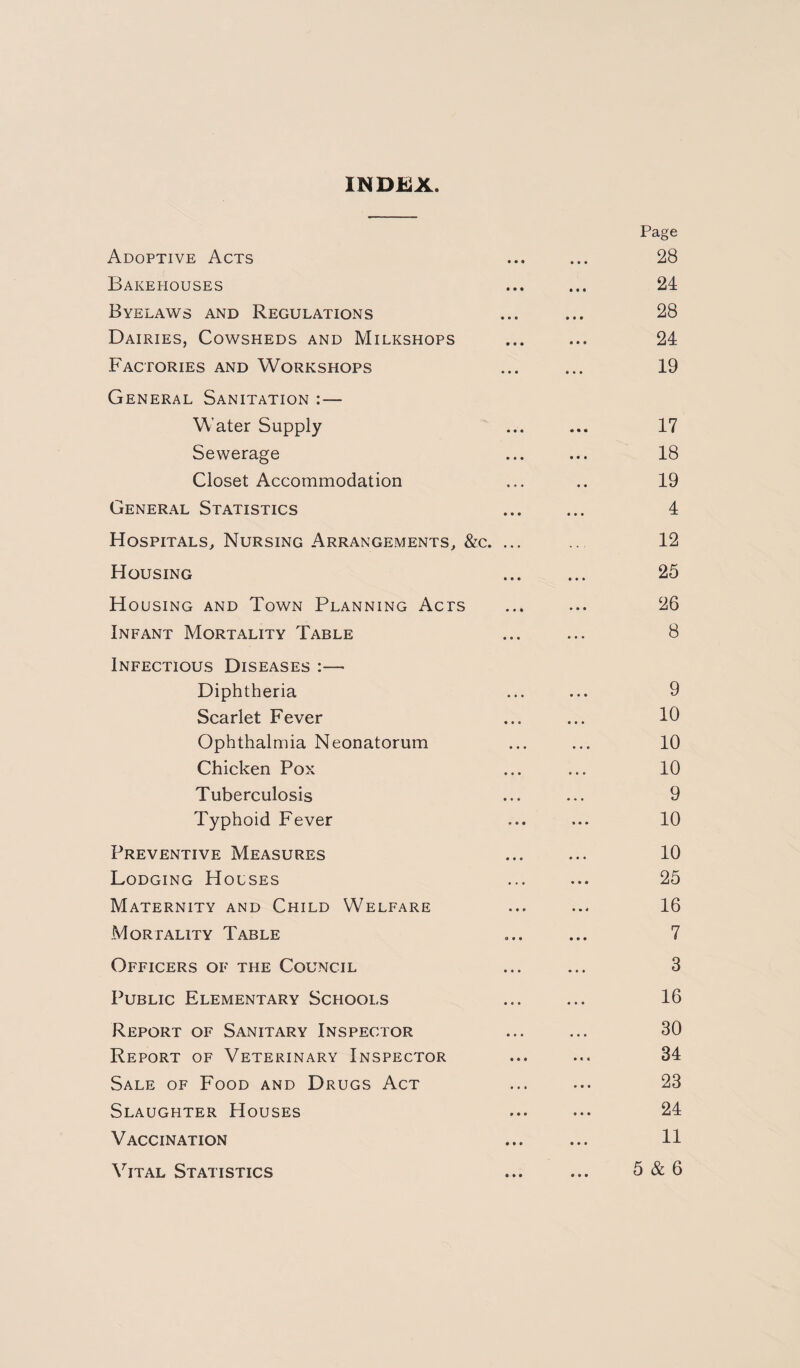 INDEX. Page Adoptive Acts ... ... 28 Bakehouses ... ... 24 Byelaws and Regulations ... ... 28 Dairies, Cowsheds and Milkshops ... ... 24 Factories and Workshops ... ... 19 General Sanitation : — Water Supply ... ... 17 Sewerage ... ... 18 Closet Accommodation ... .. 19 General Statistics . 4 Hospitals^ Nursing Arrangements^ &c. ... .. 12 Housing ... ... 25 Housing and Town Planning Acts ... ... 26 Infant Mortality Table ... ... 8 Infectious Diseases :—• Diphtheria ... ... 9 Scarlet Fever ... ... 10 Ophthalmia Neonatorum ... ... 10 Chicken Pox ... ... 10 Tuberculosis ... ... 9 Typhoid Fever ... ... 10 Preventive Measures ... ... 10 Lodging Houses ... ... 25 Maternity and Child Welfare ... ... 16 Mortality Table ... ... 7 Officers of the Council ... ... 3 Public Elementary Schools ... ... 16 Report of Sanitary Inspector ... ... 30 Report of Veterinary Inspector ... ... 34 Sale of Food and Drugs Act ... ... 23 Slaughter Houses ... ... 24 Vaccination ... ... H