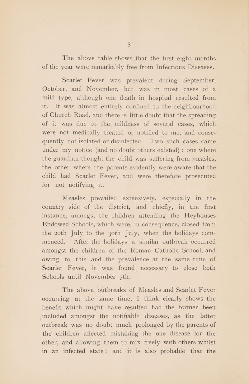 The above table shows that the first eight months of the year were remarkably free from Infectious Diseases. Scarlet Fever was prevalent during September, October, and November, but was in most cases of a mild type, although one death in hospital resulted from it. It was almost entirely confined to the neighbourhood of Church Road, and there is little doubt that the spreading of it was due to the mildness of several cases, which were not medically treated or notified to me, and conse¬ quently not isolated or disinfected. Two such cases came under my notice (and no doubt others existed) : one where the guardian thought the child was suffering from measles, the other where the parents evidently were aware that the child had Scarlet Fever, and were therefore prosecuted for not notifying it. Measles prevailed extensively, especially in the country side of the district, and chiefly, in the first instance, amongst the children attending the Heyhouses Endowed Schools, which were, in consequence, closed from the 2oth July to the 30th July, when the holidays com¬ menced. After the holidays a similar outbreak occurred amongst the children of the Roman Catholic School, and owing to this and the prevalence at the same time of Scarlet Fever, it was found necessary to close both Schools until November 7th. The above outbreaks of Measles and Scarlet Fever occurring at the same time, I think clearly shows the benefit which might have resulted had the former been j included amongst the notifiable diseases, as the latter outbreak was no doubt much prolonged by the parents of the children affected mistaking the one disease for the other, and allowing them to mix freely with others whilst in an infected state ; and it is also probable that the
