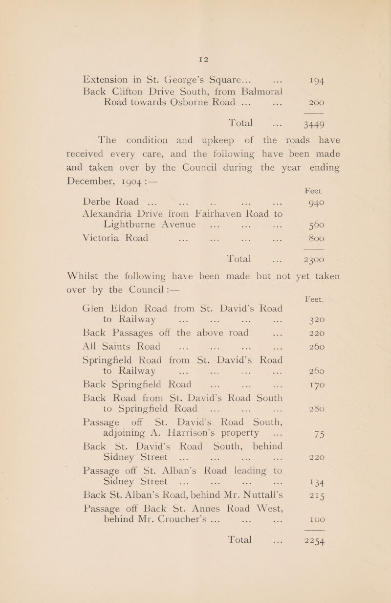 Extension in St. George’s Square... ... 194 Back Clifton Drive South, from Balmoral Road towards Osborne Road ... ... 200 Total ... 3449 The condition and upkeep of the roads have received every care, and the following have been made and taken over by the Council during the year ending December, 1904 :— Feet. Derbe Road ... ... .. ... ... 940 Alexandria Drive from Fairhaven Road to Lightburne Avenue ... ... ... 560 Victoria Road ... ... ... ... 800 Total ... 2300 Whilst the following have been made but not yet taken over by the Council :— Feet. Glen Eldon Road from St. David’s Road to Railway ... ... ... ... 320 Back Passages off the above road ... 220 All Saints Road ... ... ... ... 260 Springfield Road from St. David’s Road to Railway ... ... ... ... 260 Back Springfield Road ... ... ... 170 Back Road from St. David’s Road South to Springfield Road ... ... ... 280 Passage off St. David’s Road South, adjoining A. Harrison’s property ... 75 Back St. David’s Road South, behind Sidney Street ... ... ... ... 220 Passage off St. Alban’s Road leading to Sidney Street ... ... ... ... 134 Back St. Alban’s Road, behind Mr. Nuttall’s 215 Passage off Back St. Annes Road West, behind Mr. Croucher’s ... ... ... 100 Total ... 2254