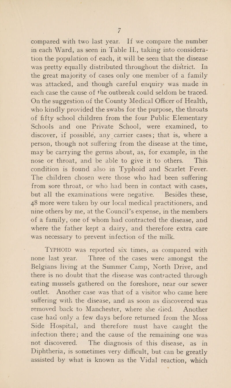 compared with two last year. If we compare the number in each Ward, as seen in Table II., taking into considera¬ tion the population of each, it will be seen that the disease was pretty equally distributed throughout the district. In the great majority of cases only one member of a family was attacked, and though careful enquiry was made in each case the cause of the outbreak could seldom be traced. On the suggestion of the County Medical Officer of Health, who kindly provided the swabs for the purpose, the throats of fifty school children from the four Public Elementary Schools and one Private School, were examined, to discover, if possible, any carrier cases; that is, where a person, though not suffering from the disease at the time, may be carrying the germs about, as, for example, in the nose or throat, and be able to give it to others. This condition is found also in Typhoid and Scarlet Fever. The children chosen were those who had been suffering from sore throat, or who had been in contact with cases, but all the examinations were negative. Besides these, 48 more were taken by our local medical practitioners, and nine others by me, at the Council’s expense, in the members of a family, one of whom had contracted the disease, and where the father kept a dairy, and therefore extra care was necessary to prevent infection of the milk. TYPHOID was reported six times, as compared with none last year. Three of the cases were amongst the Belgians living at the Summer Camp, North Drive, and there is no doubt that the disease was contracted through eating mussels gathered on the foreshore, near our sewer outlet. Another case was that of a visitor who came here suffering with the disease, and as soon as discovered was removed back to Manchester, where she died. Another case had only a few days before returned from the Moss Side Hospital, and therefore must have caught the infection there; and the cause of the remaining one was not discovered. The diagnosis of this disease, as in Diphtheria, is sometimes very difficult, but can be greatly assisted by what is known as the Vidal reaction, which
