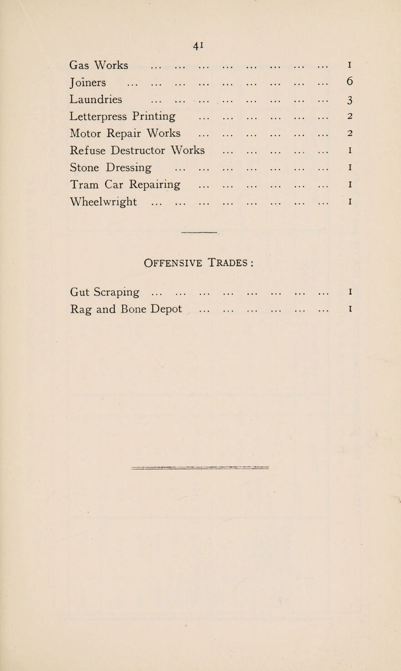 Gas Works . i Joiners . 6 Laundries . 3 Letterpress Printing . 2 Motor Repair Works . 2 Refuse Destructor Works .. ... i Stone Dressing . I Tram Car Repairing . I Wheelwright . i Offensive Trades : Gut Scraping . I Rag and Bone Depot . I