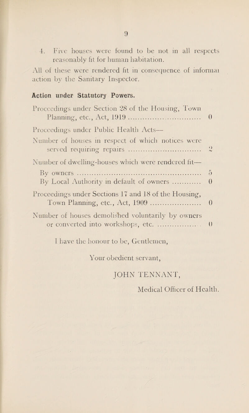 4. Fn c houses were found to be not in all respects reasonably fit for human habitation. All of these were rendered fit in conseciucncc of informal action by the Sanitary Inspector. Action under Statutory Powers. fh'occedmgs under Section 28 of the Housing, Town Planning, etc., Act, 1919. 0 Proceedings under Public Health Acts— Number of houses m respect of which, notices were served reepurmg repairs . 2 Number of dwelling-houses winch were rendered fit— By owners . 5 By Local lYuthority in default of owners . 0 Proceedings under Sections 17 and J8 of the Housing, Town Planning, etc.. Act, 1909 . 0 Number of houses demolished voluntarily by owners or converted into workshops, etc... . 0 1 have the honour to be. Gentlemen, Your obedient servant. JOHN TENNANT, Medical Officer of PIcalth.