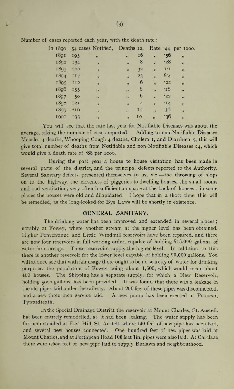 Number of cases reported each year, with the death rate: In 1890 54 cases Notified, Deaths 12, Rate •44 per 1000 1891 193 n „ 16 n •56 yy 1892 134 yy „ 8 M •28 yy 1893 200 yy „ 32 yy i*i yy 1894 117 yy „ 23 yy 8-4 yy 1895 112 yy „ 6 yy •22 yy 1896 153 yy n 8 yy •28 yy 1897 50 yy „ 6 yy •22 yy 1898 121 yy n 4 yy •14 yy 1899 216 yy ,, 10 yy •36 1900 195 ? J „ 10 yy •36 yy You will see that the rate last year for Notifiable Diseases was about the average, taking the number of cases reported. Adding to non-Notifiable Diseases Measles 4 deaths, Whooping Cough 4 deaths. Cholera i, and Diarrhoea 5, this will give total number of deaths from Notifiable and non-Notifiable Diseases 24, which would give a death rate of *88 per 1000. During the past year a house to house visitation has been made in several parts of the district, and the principal defects reported to the Authority. Several Sanitary defects presented themselves to us, viz.—the throwing of slops on to the highway, the closeness of piggeries to dwelling houses, the small rooms and bad ventilation, very often insufficient air space at the back of houses : in some places the houses were old and dilapidated. I hope that in a short time this will be remedied, as the long-looked-for Bye Laws will be shortly in existence. GENERAL SANITARY. The drinking water has been improved and extended in several places ; notably at Fowey, where another stream at the higher level has been obtained. Higher Penventinue and Little Windmill reservoirs have been repaired, and there are now four reservoirs in full working order, capable of holding 515,000 gallons of water for storeage. These reservoirs supply the higher level. In addition to this there is another reservoir for the lower level capable of holding 90,000 gallons. You will at once see that with fair usage there ought to be no scarcity of water for drinking purposes, the population of Fowey being about 1,600, which would mean about 400 houses. The Shipping has a separate supply, for which a New Reservoir, holding 5000 gallons, has been provided. It was found that there was a leakage in the old pipes laid under the railway. About 200 feet of these pipes was disconnected, and a new three inch service laid. A new pump has been erected at Polmear, Tywardreath. In the Special Drainage District the reservoir at Mount Charles, St. Austell, has been entirely remodelled, as it had been leaking. The water supply has been further extended at East Hill, St. Austell, where 140 feet of new pipe has been laid, and several new houses connected. One hundred feet of new pipes was laid at Mount Charles, and at Porthpean Road 100 feet lin. pipes were also laid. At Carclaze there were 1,600 feet of new pipe laid to supply Burlawn and neighbourhood.