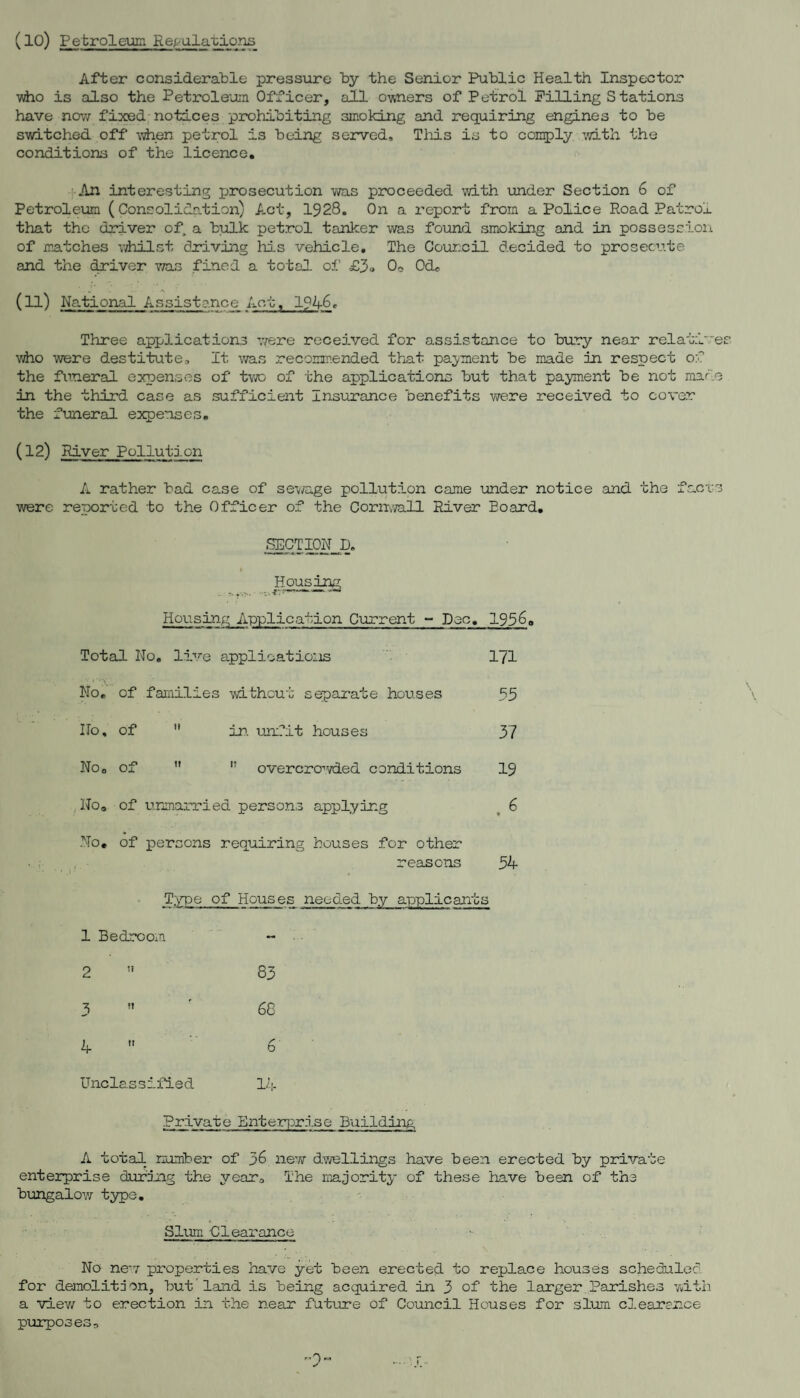 (10) Petroleum Rescalations After considerable pressure by the Senior Public Health Inspector ■who is also the Petroleum Officer, all o^mers of Petrol Pilling S tations have nov/ fixed notices prohibiting smoking and requiring engines to be s-witched off \'Aien petrol is being served, Tliis is to conqply -with the conditions of the licence. ■ An interesting prosecution -was proceeded with under Section 6 of Petroleum (Consolidation) Act, 1928. On a report from a Police Road Patrol that the driver of, a bulk petrol tanker was found smoking and in possession of matches whilst driving liis vehicle. The Courcil decided to prosecute and the ^iver vra.G fined a total of £3o Oo Ode (11) National Assistance Act, 1946, Three applications v/ere received for assistance to bury near relati viio -were desti'tute. It vra.s recommended thiat pa^^ment be made in respect of the fmeral expenses of tvro of the applications but that payment be not mad in the third case as sufficient Insurance benefits were received to cover the funeral expenses, (12) River Pollution A rather bad case of se-v/age pollution came under notice and the face ■were reported to the Officer of the Cornvra.ll River Board, ■SECTION D. Hgusiag Housin.g Application Current - Dec, 1936. Total No. live applic.atioiis 171 No, of families -without separate houses 55 IIo, of  in. -unfit houses 37 Noo of  ” overcro-’^/ded conditions 19 ,No» of ursnarried perso.ns applying , 6 .No, of persons requiring houses for other reasons 54 T;>T>e of Houses needed by applicants 1 Bedroom ~ 2  83 3  ' 68 4   6 Unclassified 1/’;. Private Enteri^rise Building A total n-umber of 36 new dvrel.lings have been erected by private enterprise during the yeaco The majority of these have been of the bungalov/ type. Slum. Clearance No ne'7 properties have yet been erected to replace houses schedulec for demolitdon, but land is being acquired in 3 of the larger Parishes vath a viev/- to erection in the near future of Council Houses for slum clearance purposes.