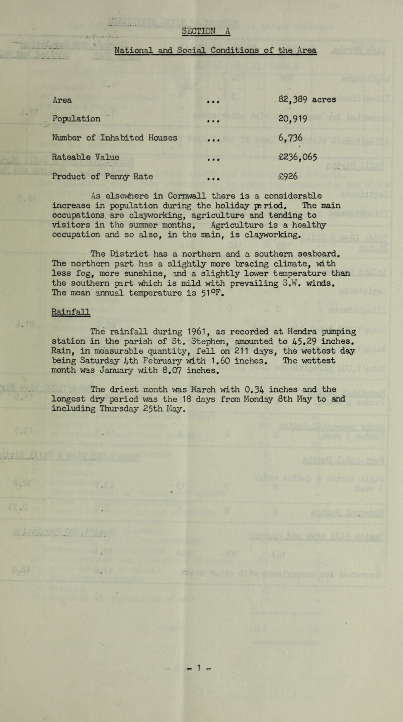 SECTION A National and Social Conditions of the Area Area ... 82,389 acres Population ' ... 20,919 Number of Inhabited Houses ... 6,736 Rateable Value ... £236,065 Product of Penny Rate .,. £926 As elsewhere in Cornwall there is a considerable increase in population during the holiday priod. The main occupations, are clayworking, agriculture and tending to visitors in the summer months. Agriculture is a healthy occupation and so also, in the nain, is clayworking. The District has a northern and a southern seaboard. The northern part has a slightly more bracing climate, with less fog, more sunshine, and a slightly lower temperature than the southern part which is mild with prevailing 3.W. wrinds. The mean annual temperature is 51°^, Rainfall The rainfall during 1961, as recorded at Hendra pumping station in the parish of St, Stephen, amoiinted to 45.29 inches. Rain, in measurable quantity, fell on 211 days, the wettest day being Saturday 4th February with 1.60 inches. The wettest month was January wath 8,07 inches. The driest month was I4arch writh 0.34 inches and the longest dry period was the 18 days from Monday 8th May to and including Thursday 25th May.