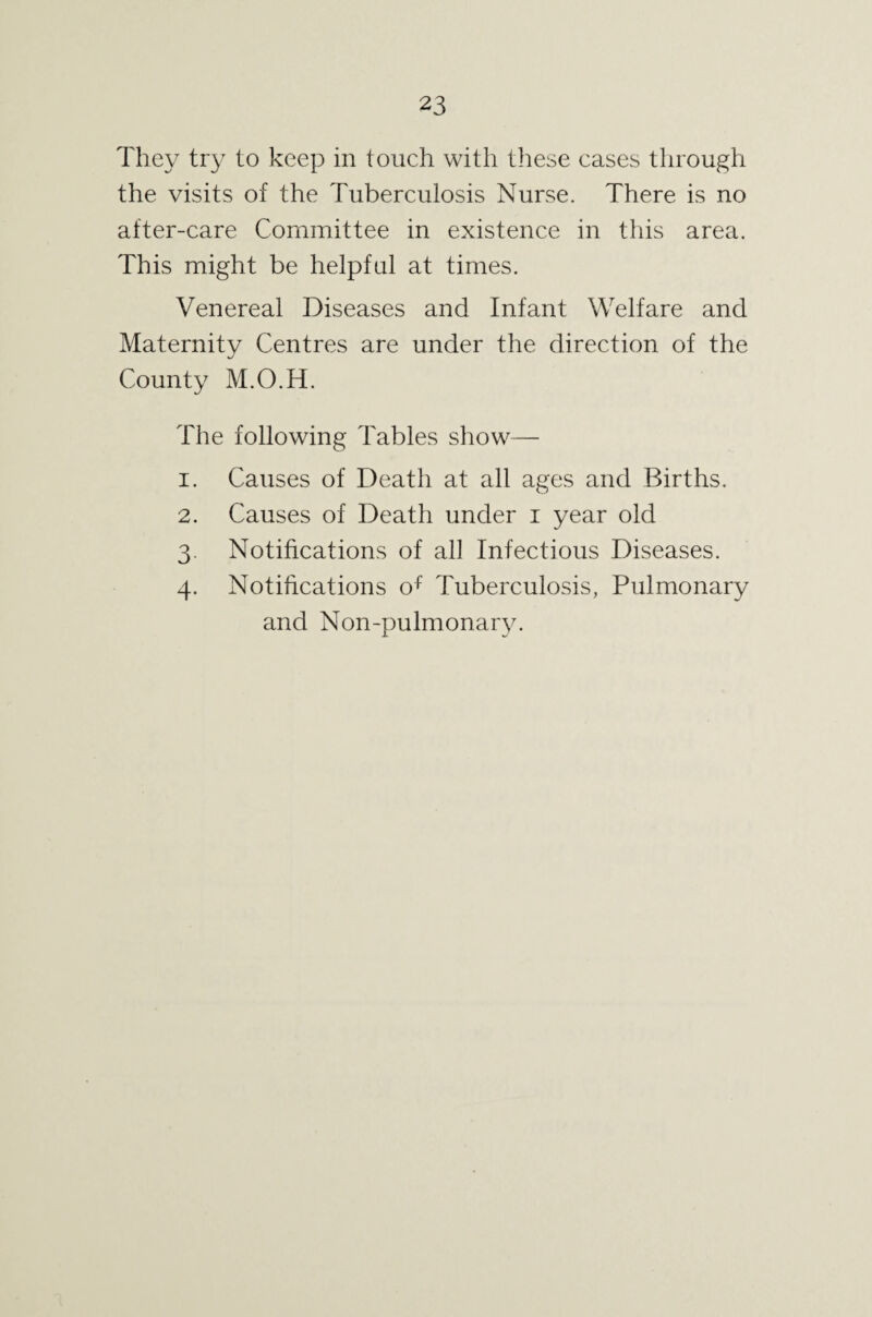 They try to keep in touch with tliese cases through the visits of the Tuberculosis Nurse. There is no after-care Committee in existence in this area. This might be helpful at times. Venereal Diseases and Infant Welfare and Maternity Centres are under the direction of the County M.O.H. The following Tables show— 1. Causes of Death at all ages and Births. 2. Causes of Death under i year old 3. Notifications of all Infectious Diseases. 4. Notifications o^ Tuberculosis, Pulmonary and Non-pulmonar}^