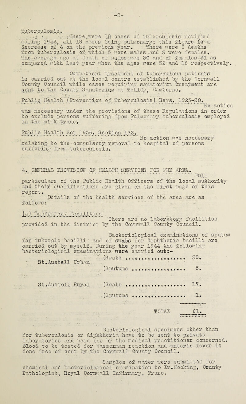 i\U;Derpu_losis^*_ , , ' j-yhere.were 3^Q. cases of uucerculosis nouifie f during’ 1944, '^Ji 18 Cr?.ses leinc puinioimry; this fi^^au'e fg'-'-a- decrease of 4- on the previous 2'^e<ar» ' hhere were 0 deaths from tuherculosis of which'5 ^/ere.males .and 3 were females, fhe ■ a.ver-af e .ape .at death of m.-ile;S.nnas 30 and of ' f em,?J,os • 31 as comp.^n’ed vjith last ye.ar alien the a.pes were 32 and IS rcs-pectivel^, Outp.atient tre.atment of tuberculous xi.ahients is G.arried out at the loc.al centre estafilished bp the Cornwall Oountp Council while cases recuirinp s<anatorium tre.atment .are ^eiit ;t.o the •Guuntp ,8.?n.ahoriui'A at lehil^, C.~mVborne, ■ '.irp- ■■ . o . i- a:- - ■ PubllQ Health (BrevGntion of fuberculosis) Reps, 1925-30. Ho action w.as necess.arw under the provisions of these R6;pul.?hions in order to exclude persons suffering from Pulmonary. ty.bGrculos-is employed in the milh tr.ade* .. Public He.alth Act 1936, Section 1Y2, • ' ’ *.^ action was no cess.ary relahinp to the ■ compulsory removal to hospit.al of persons sufferinp from tuberculosis. 4.^ OMlEAl PROYISIOH^OP SWICIS^ POR flTH _  *...* ..... a.-rLll pantiGulrors of the Public Ho.alth Officers of the loo.cA onthority .and their aualific.odeions .are piven on the first p.ape of this report* Pctails of the health services of the .area .are as f OllOYTS • , ■ f ' (.a) X.abor.atorv P.acilitics , There .are no l.abora’cory facilities provided in the district by the Corin/.all* County Council, Pactcriolopical ox.iiiiillations of sputum for tubercle b.acilli ■ -and of swabs for diphtherira b.acilli .are G.arried out' by myself, Purinp the ye.ar 1944 th6 followinp b.acteriolepical Gxamin.?>-tions W02?e c.arricd out:- ■ (Swabs .. 38* St.Austell Hrb.aii . ' ■ (Sputums 5. . . St..Austell Rur.al (Sw.abs 17. (Sputums 1* TOTAi 61 P.ioteriolopic.al specimens other th.an for tuberculosis or diphthcri.a .h.?.vc to be sent to priv.adGo l,?.boratories .?nd p.aid for by the medic.al }pr.actitioner concornod, Blood to be tested for h.asscrm.an rc.action .and-entGric fever is done free' of cost by the Cornwall County Council. S.?mples of water a^ere submitted lor chemiG.al ,a.nd b.actoriolopio.a.l Gwwnin.Vbion to Pi'.Hochinp, County P.atholopist, Roy.al Gorniwll Infirm.'^'ny, Truro.
