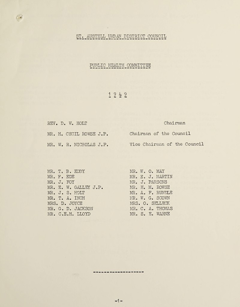 ST. AUSTELL URBAN DISTRICT COUNCIL PUBLIC HEALTH COMMITTEE 12^9 REV. D . V/. HOLT Chairmn MR. H. CECIL ROWSE J.P. Chairman of the Council MRo W. R. NiaiOLAS J.P. Vice Chairman of the Council m. T. B. EDDY MR. W. 0. MAY MR. E. EDE MR. E. J. MARTIN MR. J. FOY MR. J. PARSONS m. E. V/. GALLEY J.P. M. H. M. ROWSE MR. J. S. HOLT M. A. P. RUNDLE m. T. A. INCH MR. W. G. SCOWN MRS, . D. JOYCE ms . 0 . SELLECK MR. G. D. JACKSON MR. c. A. THOMAS MR. C.E.H. LLOYD MR. s. E. WARNE -1-