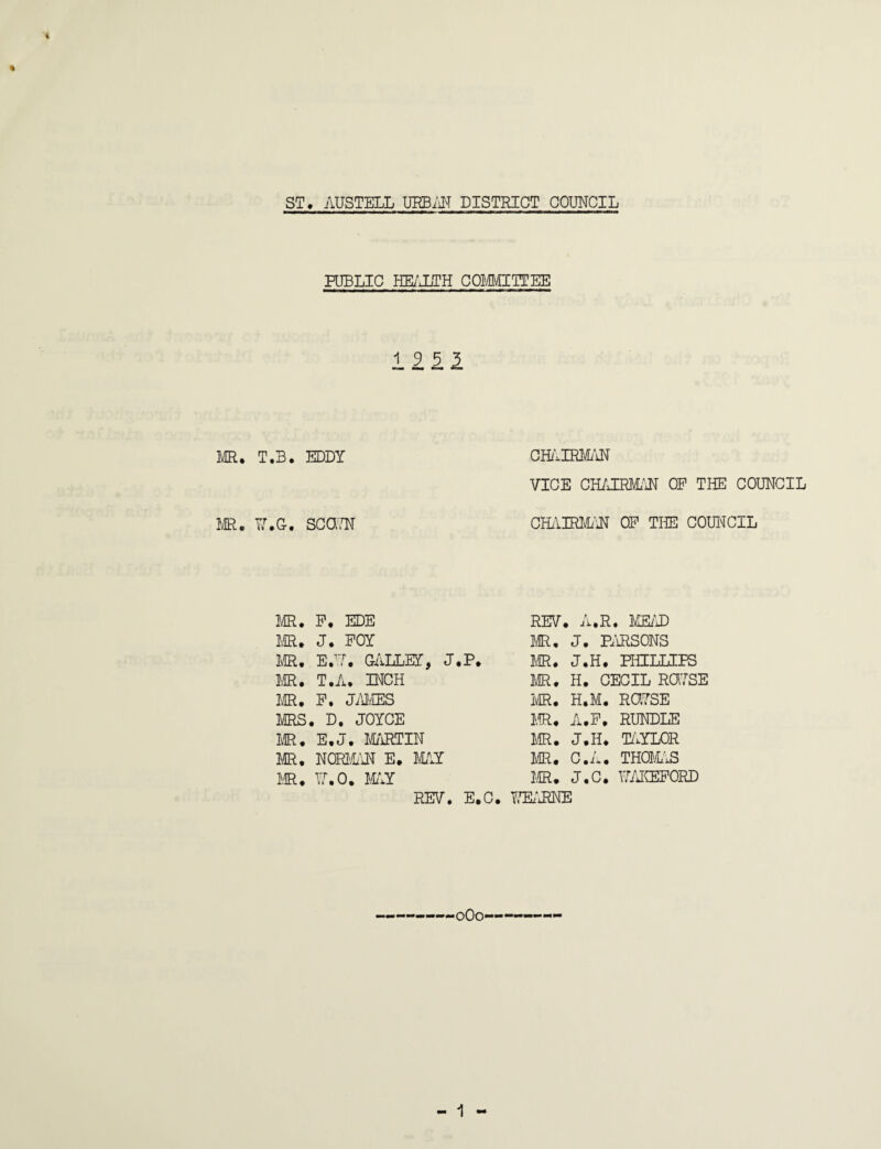 PUBLIC HEALTH COMMITTEE 12 5 I MR. T.B. EDDY CHAIRMAN VICE CHAIRMAN OP THE COUNCIL MR. YiT.G, SCam CHAIRMAN OP THE COITNCIL MR. P, EDE MR. J. POY 1\E. E.17. GALLEY, J IE. T.A. INCH IE. P. JAMES IVES, . D. JOYCE MR. E.J. MARTIN IE, NORMAN E. MAY MR* 1,7.0. MAY REV. REV. A.R. MEAD MR. J. PARSONS MR. J.H. PHILLIPS MR. H. CECIL RG7SE MR. H.M. R017SE MR. A.P. RUNDLE MR. J.H. TAYLOR MR. C.A. THOMAS MR. J.C. 17AKEFORD 7IEARNE ---0O0