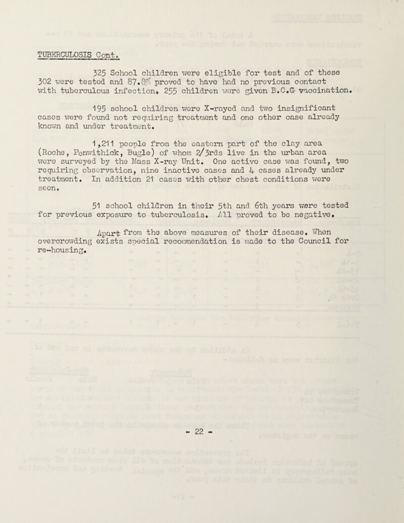 TUBERCULOSIS Pont 325 School children were eligible for test and of these 302 were tested and 87*8/j proved to have had no previous contact with tuberculous infection, 235 children were given B.C.G- vaccination. 195 school children were X-rayed and two insignificant cases were found not requiring treatment and one other case already known and under treatment. 1^211 people from the eastern part of the clay area (Roche, Ponwithick, Bugle) of whom 2/^rds live in the urban area v;ere surveyed by the Mass X-ray Unit. One active case was found, two requiring observation, nine inactive cases and 4 cases already under treatment. In addition 21 cases with other chest conditions were seen. 51 school children in their 5th and 6th years were tested for previous exposure to tuberculosis. 411 nroved to bo negative. Apart: from the above measures of their disease, v/hon overcrovi?ding exists special recommendation is made to the Council for re-housing.