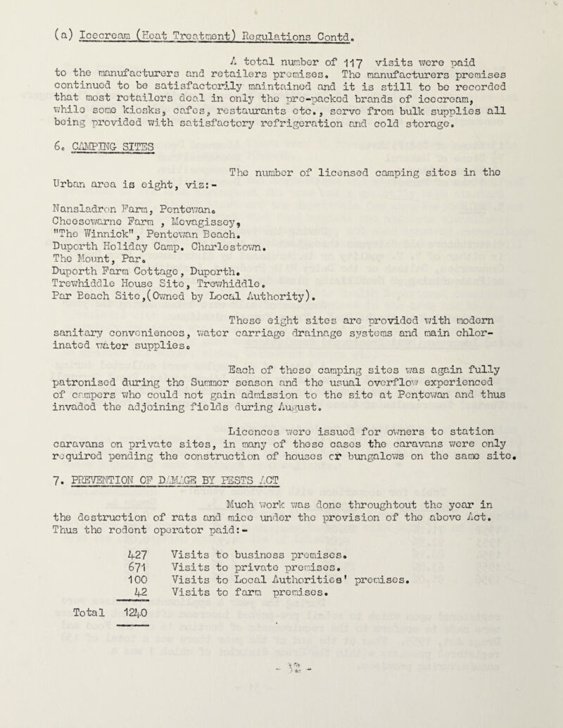 (a) Icecroatn (Eoat Treatment) Regjulations Contdo /* total number of ny visits were paid to the manufacturers and retailers preinises. The manufacturers premises continued to be satisfactor2.1y maintained and it is still to bo recorded that most retailers deal in only the T)ro-packcd brands of icecream, vdiilo some kiosks, cafes, restaurants etc., serve from bulk supplies all being provided with satisfactory refrigeration and cold storage. 6e Cm'IPTNG SITES The number of licensed camping sites in the Urban area is eight, viz:- Nansladron Farm, Pontowano Cheeso\7arne Parra , Movagissoy^ ’’The ViTinnick”, Pentev;an Beach. Duporth Holiday Camp, Charlestown. The Hount, Par. Duporth Farm Cottage, Duporth, Trev;hiddle House Site, Trewhiddle, Par Beach Site,(Owned by Local Authority). These eight sites are provided with modern sanitary conveniences, water carriage drainage systems and main chlor¬ inated water suppliesc Each of these camping sites was again fully Ijatronisod during the Summer season and the usual overflow experienced of campers who could not gain admission to the site at Pentewan and thus invaded the adjoining fields during August. Licences were issued for owners to station caravans on private sites, in many of these cases the caravans were only required pending the construction of houses cr bungalows on the same site* 7. PPJBT/ENTION OF DAMAGE BY PESTS /.CT Much work was done throughtout the year in the destruction of rats and mice under the provision of the above Act. Thus the rodent operator paid:- A27 Visits to business premises. 671 Visits to private premises. 100 Visits to Local A-uthorities• premises. 42 Visits to farm premises. Total 122i.O