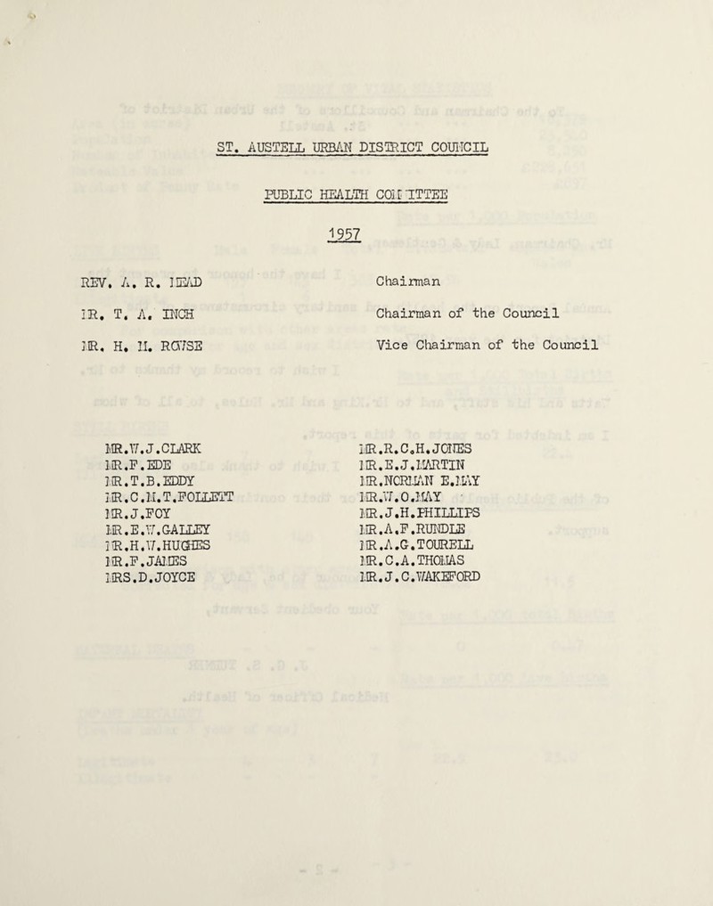 PUBLIC HEALTFI COiriTTEE 1957 REV. A, R. lE/'iD Chairman IE, T. A. INCH Chairman of the Council IE, H. II. ROTSE Vice Chairman of the Council IvE.U.J.CLARK lE.P.EDE m.T.B.EDDY lE.C.M.T.POLLETT IIR.J.POY I,E.E.U. GALLEY lE.H.Vf.HUOlES 1E.P.JAJ.IES lES.D.JOYCE lE.R.CoH.JOlIES m.E.J.lIARTIN IIR.NCRIL\N E.mY LR.Vr.O.IM MR. J.H.PHILLIPS IIR.A.P.RURDLE lE.A.G.TOURELL lE.C.A.THOLlAS lE.J.C.Y/AKEPORD