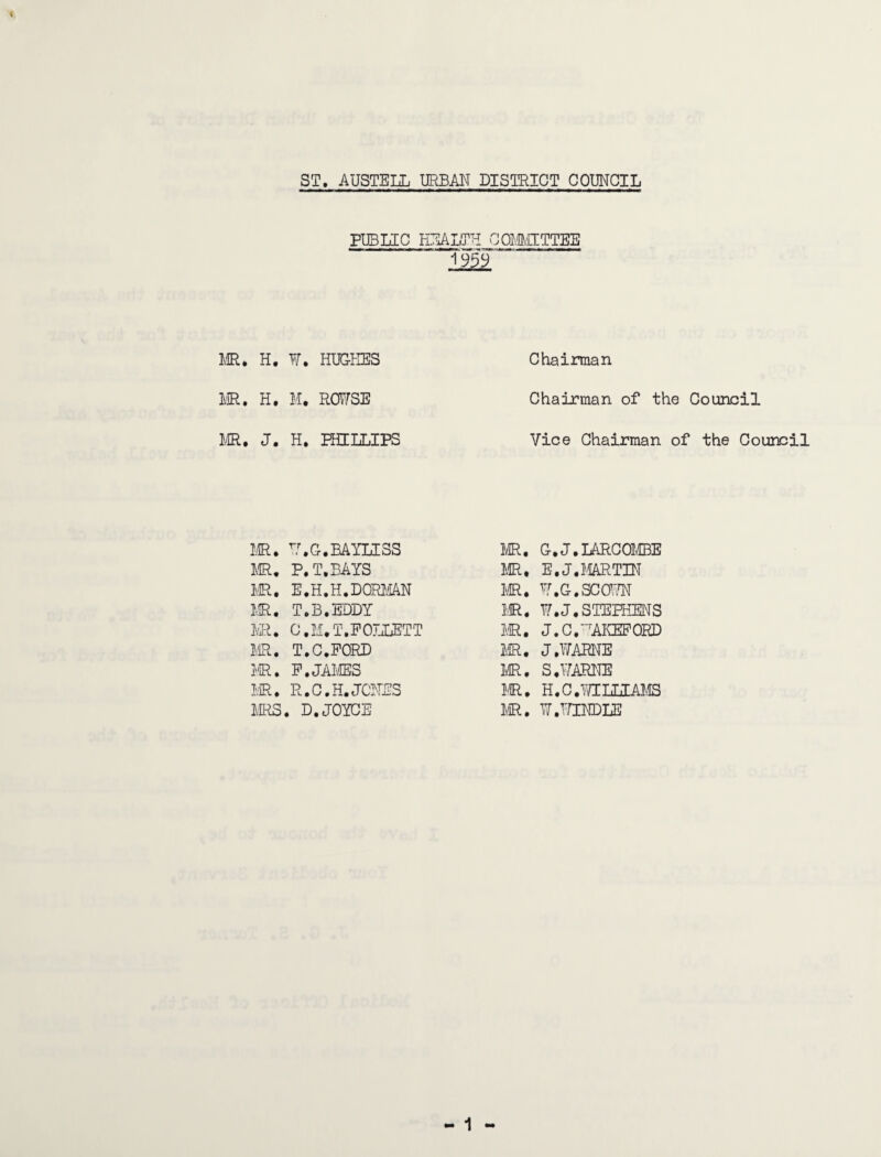 PUBLIC HEALTH COMMITTEE 1959 MR. H. W. HUGHES MR. H. M. ROUSE MR. J. H. PHILLIPS Chairman Chairman of the Council Vice Chairman of the Council MR. U.G.BAYLLSS MR. P.T.BAYS MR. E.H.H.DORMAN MR. T.B.EDDY MR. C.M.T.FOTJjETT MR, T.C.PORD MR. E.JAMES MR. R.C.H.JONES MRS. D.JOYCE MR. G.J.LARCOMBE MR, E.J.MARTIN MR. W.G.SCOWN MR. U.J.STEPHENS MR, J.C.'LAKEFORD MR. J.WARNE MR. S.UARNE MR. H.C.TOLLIAMS MR. W.T7INDLE