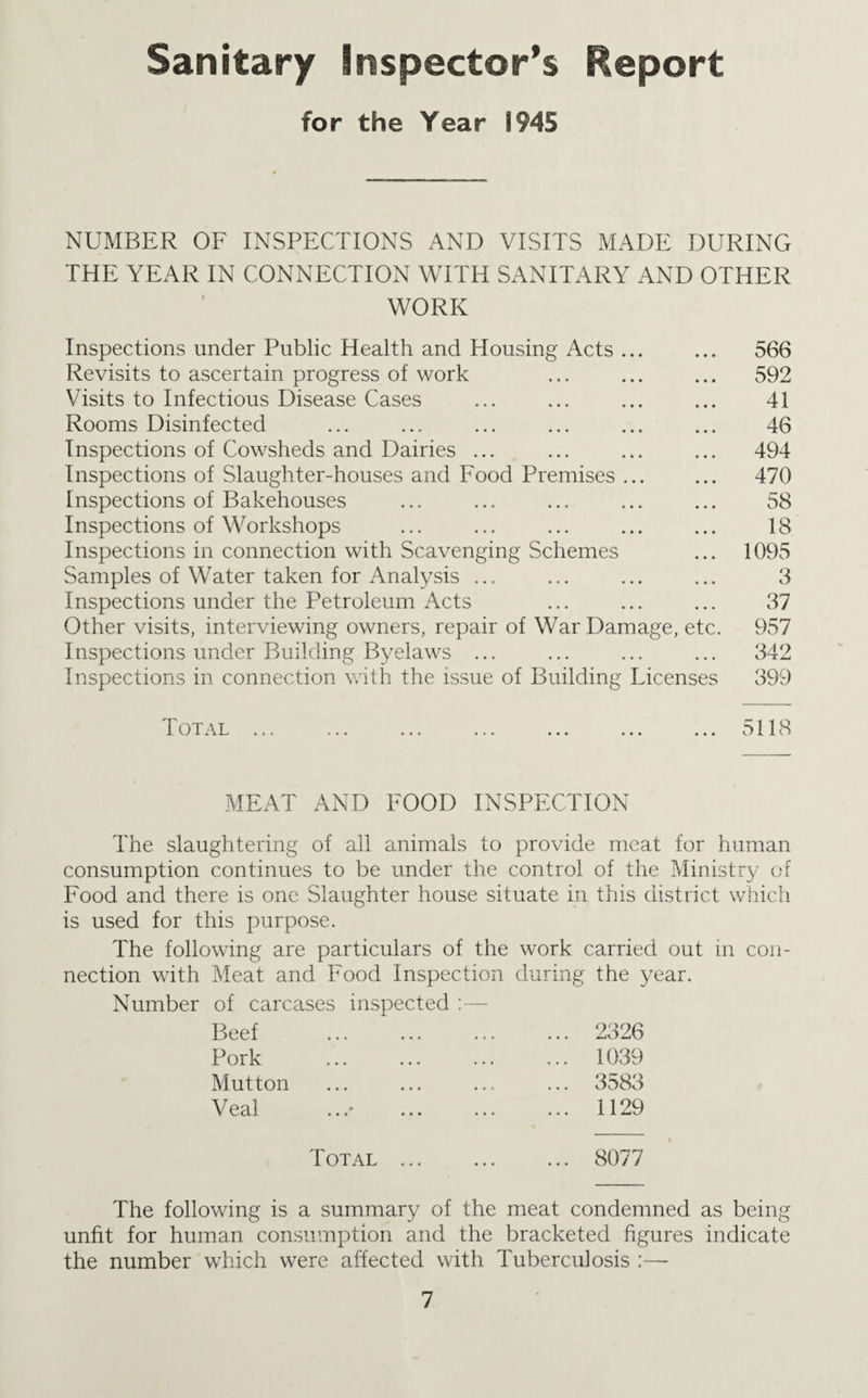 Sanitary Inspector’s Report for the Year 1945 NUMBER OF INSPECTIONS AND VISITS MADE DURING THE YEAR IN CONNECTION WITH SANITARY AND OTHER WORK Inspections under Public Health and Housing Acts ... ... 566 Revisits to ascertain progress of work ... ... ... 592 Visits to Infectious Disease Cases ... ... ... ... 41 Rooms Disinfected ... ... ... ... ... ... 46 Inspections of Cowsheds and Dairies ... ... ... ... 494 Inspections of Slaughter-houses and Food Premises ... ... 470 Inspections of Bakehouses ... ... ... ... ... 58 Inspections of Workshops ... ... ... ... ... 18 Inspections in connection with Scavenging Schemes ... 1095 Samples of Water taken for Analysis ... ... ... ... 3 Inspections under the Petroleum Acts ... ... ... 37 Other visits, interviewing owners, repair of War Damage, etc. 957 Inspections under Building Byelaws ... ... ... ... 342 Inspections in connection with the issue of Building Licenses 399 MEAT AND FOOD INSPECTION The slaughtering of all animals to provide meat for human consumption continues to be under the control of the Ministry of Food and there is one Slaughter house situate in this district which is used for this purpose. The following are particulars of the work carried out in con¬ nection with Meat and Food Inspection during the year. Number of carcases inspected :— Beef ... 2326 Pork ... 1039 Mutton ... 3583 Veal . 1129 Total . . 8077 The following is a summary of the meat condemned as being unfit for human consumption and the bracketed figures indicate the number which were affected with Tuberculosis :—-