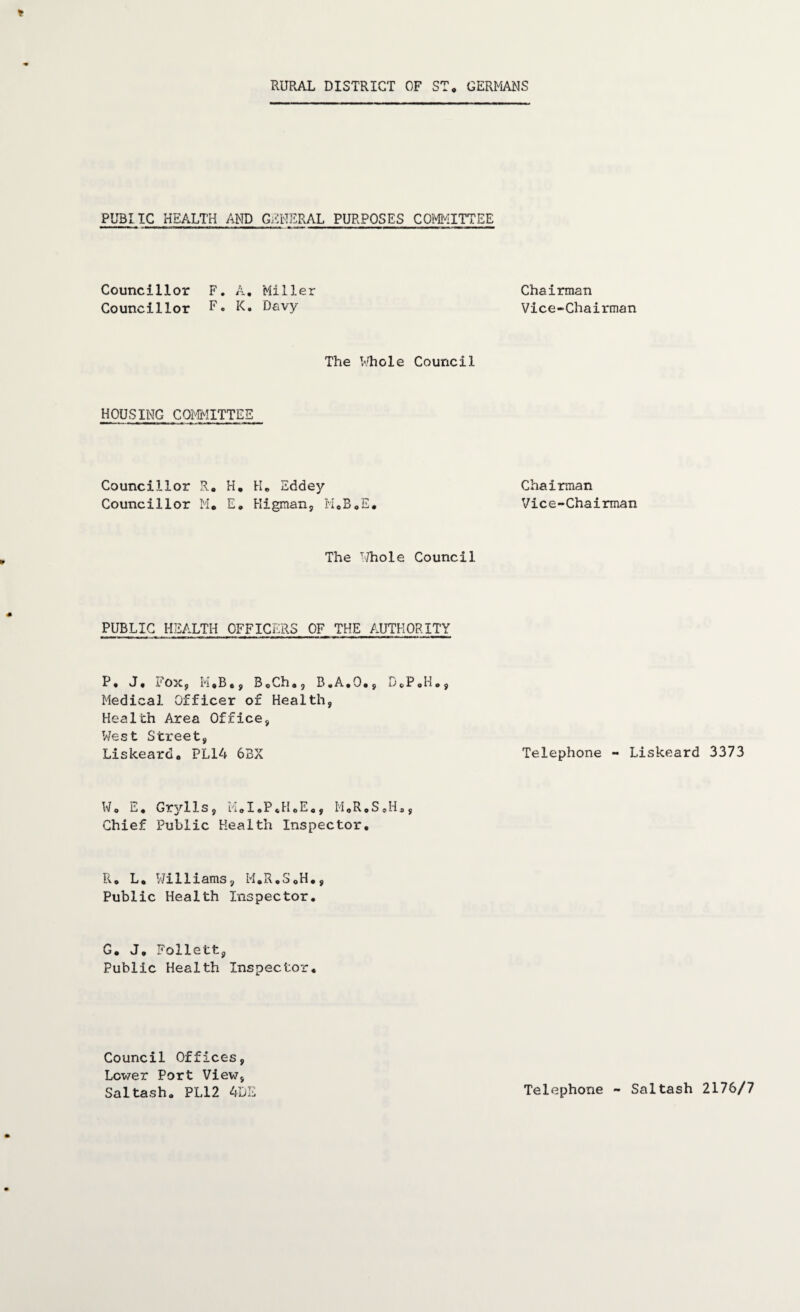 PUBLIC HEALTH AND GENERAL PURPOSES COMMITTEE Councillor F. A, Miller Councillor F• K. Davy Chairman Vice-Chairman The Whole Council HOUSING COMMITTEE Councillor R. H. H, Eddev Councillor M, E. Higman, M*B.E. Chairman Vice-Chairman The Whole Council PUBLIC HEALTH OFFICERS OF THE AUTHORITY P. J. Fox, M,B., B,Ch., B.A.O., DCP,H., Medical Officer of Health, Health Area Office, West Street, Liskeard. PL14 6BX Telephone - Liskeard 3373 Wo E, Grylls, M<>I.P«H,E«, M„R»S*Ho, Chief Public Health Inspector. Ro L, Williams, M.R.SoH., Public Health Inspector. G. J. Follett, Public Health Inspector. Council Offices, Lower Port View, Saltash, PL12 4DE Telephone - Saltash 2176/7