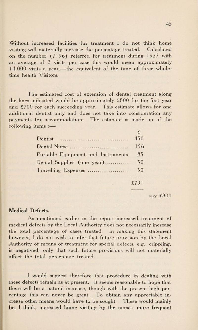 Without increased facilities for treatment I do not think home visiting will materially increase the percentage treated. Calculated on the number (7196) referred for treatment during 1923 with an average of 2 visits per case this would mean approximately 14,000 visits a year,—the equivalent of the time of three whole¬ time health Visitors. The estimated cost of extension of dental treatment along the lines indicated would be approximately £800 for the first year and £700 for each succeeding year. This estimate allows for one additional dentist only and does not take into consideration any payments for accommodation. The estimate is made up of the following items :— £ Dentist . 450 Dental Nurse. 156 Portable Equipment and Instruments 85 Dental Supplies (one year)... 50 Travelling Expenses . 50 £791 say £800 Medical Defects. As mentioned earlier in the report increased treatment of medical defects by the Local Authority does not necessarily increase the total percentage of cases treated. In making this statement however, I do not wish to infer that future provision by the Local Authority of means of treatment for special defects, e.g., crippling, is negatived, only that such future provisions will not materially affect the total percentage treated. I would suggest therefore that procedure in dealing with these defects remain as at present. It seems reasonable to hope that there will be a natural increase, though with the present high per¬ centage this can never be great. To obtain any appreciable in¬ crease other means would have to be sought. These would mainly be, I think, increased home visiting by the nurses, more frequent