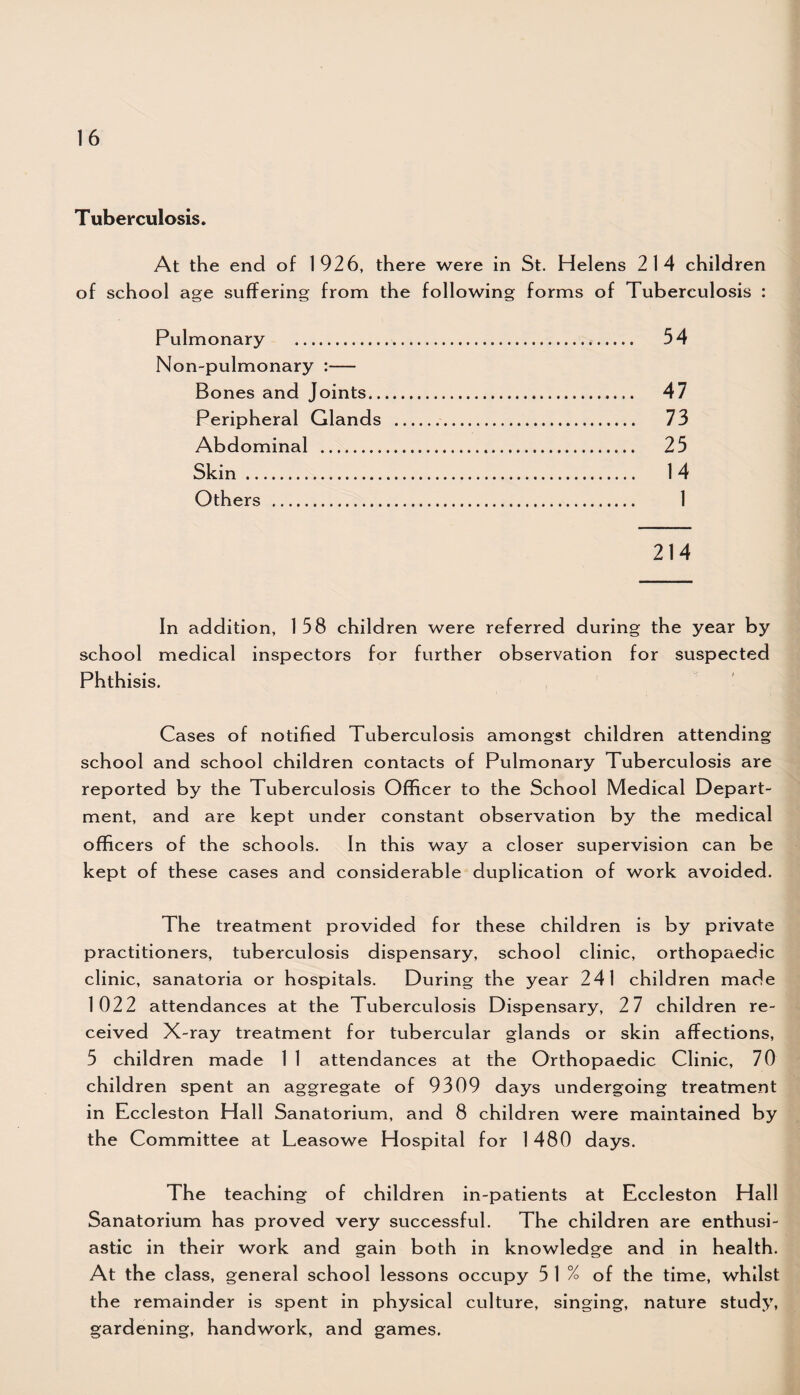 Tuberculosis. At the end of 1926, there were in St. Helens 214 children of school age suffering from the following forms of Tuberculosis : Pulmonary . 54 Non-pulmonary :— Bones and Joints..... 47 Peripheral Glands . 73 Abdominal . 25 Skin. 14 Others . 1 214 In addition, 158 children were referred during the year by school medical inspectors for further observation for suspected Phthisis. Cases of notified Tuberculosis amongst children attending school and school children contacts of Pulmonary Tuberculosis are reported by the Tuberculosis Officer to the Schoo 1 Medical Depart¬ ment, and are kept under constant observation by the medical officers of the schools. In this way a closer supervision can be kept of these cases and considerable duplication of work avoided. The treatment provided for these children is by private practitioners, tuberculosis dispensary, school clinic, orthopaedic clinic, sanatoria or hospitals. During the year 241 children made 1022 attendances at the Tuberculosis Dispensary, 2 7 children re¬ ceived X-ray treatment for tubercular glands or skin affections, 5 children made 1 1 attendances at the Orthopaedic Clinic, 70 children spent an aggregate of 9309 days undergoing treatment in Eccleston Hall Sanatorium, and 8 children were maintained by the Committee at Leasowe Hospital for 1480 days. The teaching of children in-patients at Eccleston Hall Sanatorium has proved very successful. The children are enthusi¬ astic in their work and gain both in knowledge and in health. At the class, general school lessons occupy 5 1 % of the time, whilst the remainder is spent in physical culture, singing, nature study, gardening, handwork, and games.