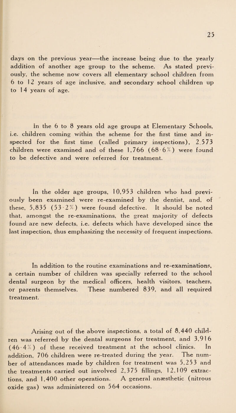 days on the previous year—the increase being due to the yearly addition of another age group to the scheme. As stated previ¬ ously, the scheme now covers all elementary school children from 6 to 12 years of age inclusive, and secondary school children up to 1 4 years of age. In the 6 to 8 years old age groups at Elementary Schools, i.e. children coming within the scheme for the first time and in¬ spected for the first time (called primary inspections), 2,5 73 children were examined and of these 1,766 (68 6%) were found to be defective and were referred for treatment. In the older age groups, 10,953 children who had previ¬ ously been examined were re-examined by the dentist, and, of these, 5,835 (53*2%) were found defective. It should be noted that, amongst the re-examinations, the great majority of defects found are new defects, i.e. defects which have developed since the last inspection, thus emphasizing the necessity of frequent inspections. In addition to the routine examinations and re-examinations, a certain number of children was specially referred to the school dental surgeon by the medical officers, health visitors, teachers, or parents themselves. These numbered 839, and all required treatment. Arising out of the above inspections, a total of 8,440 child¬ ren was referred by the dental surgeons for treatment, and 3,916 (46 •4%) of these received treatment at the school clinics. In addition, 706 children were re-treated during the year. The num¬ ber of attendances made by children for treatment was 5,253 and the treatments carried out involved 2,375 fillings, 12,109 extrac¬ tions, and 1,400 other operations. A general anaesthetic (nitrous oxide gas) was administered on 564 occasions.