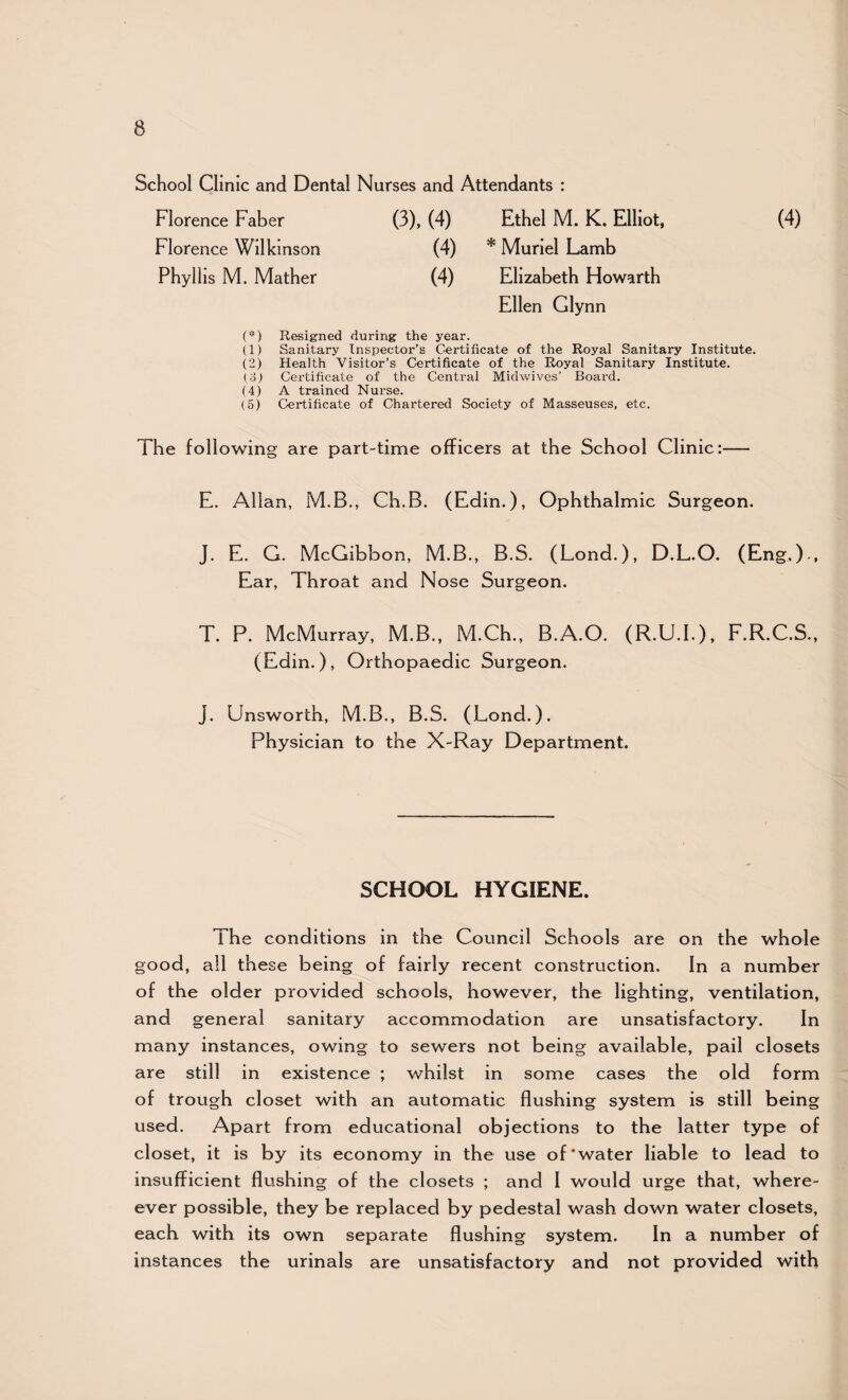 School Clinic and Dental Nurses and Attendants : Florence Faber (3), (4) Ethel M. K. Elliot, (4) Florence Wilkinson (4) * Muriel Lamb Phyllis M. Mather (4) Elizabeth Howarth Ellen Glynn (’■•) Resigned during the year. (1) Sanitary Inspector’s Certificate of the Royal Sanitary Institute. (2) Health Visitor’s Certificate of the Royal Sanitary Institute. (o) Certificate of the Central Midwives’ Board. (4) A trained Nurse. (5) Certificate of Chartered Society of Masseuses, etc. The following are part-time officers at the School Clinic:— E. Allan, M.B., Ch.B. (Edin.), Ophthalmic Surgeon. J. E. G. McGibbon, M.B., B.S. (Lond.), D.L.O. (Eng,)., Ear, Throat and Nose Surgeon. T. P. McMurray, M.B., M.Ch., B.A.O. (R.U.I.), F.R.C.S., (Edin.), Orthopaedic Surgeon. J. Unsworth, M.B., B.S. (Lond.). Physician to the X-Ray Department. SCHOOL HYGIENE. The conditions in the Council Schools are on the whole good, all these being of fairly recent construction. In a number of the older provided schools, however, the lighting, ventilation, and general sanitary accommodation are unsatisfactory. In many instances, owing to sewers not being available, pail closets are still in existence ; whilst in some cases the old form of trough closet with an automatic flushing system is still being used. Apart from educational objections to the latter type of closet, it is by its economy in the use of‘water liable to lead to insufficient flushing of the closets ; and I would urge that, where- ever possible, they be replaced by pedestal wash down water closets, each with its own separate flushing system. In a number of instances the urinals are unsatisfactory and not provided with