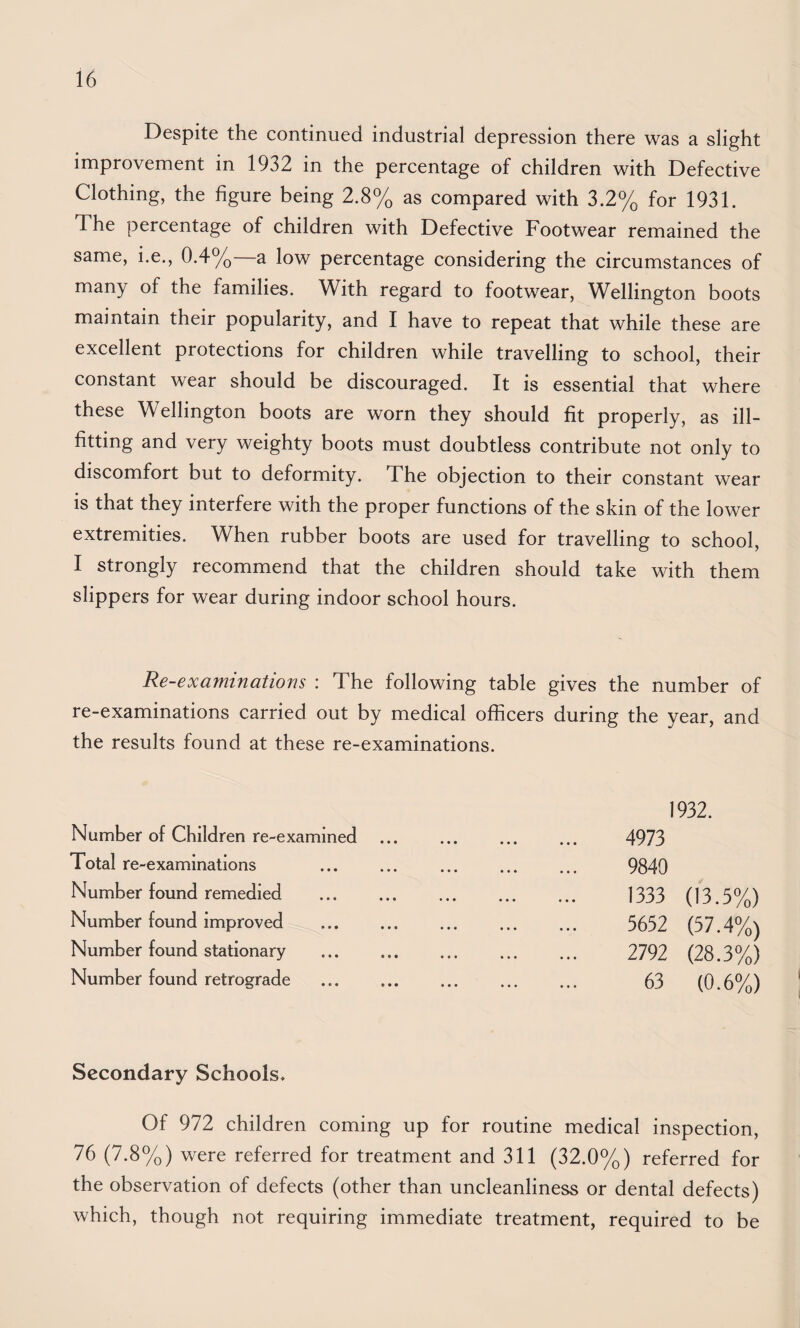 Despite the continued industrial depression there was a slight improvement in 1932 in the percentage of children with Defective Clothing, the figure being 2.8% as compared with 3.2% for 1931. The percentage of children with Defective Footwear remained the same, i.e., 0.4% a low percentage considering the circumstances of many of the families. With regard to footwear, Wellington boots maintain their popularity, and I have to repeat that while these are excellent protections for children while travelling to school, their constant wear should be discouraged. It is essential that where these Wellington boots are worn they should fit properly, as ill- fitting and very weighty boots must doubtless contribute not only to discomfort but to deformity. The objection to their constant wear is that they interfere with the proper functions of the skin of the lower extremities. When rubber boots are used for travelling to school, I strongly recommend that the children should take with them slippers for wear during indoor school hours. Re-examinations : The following table gives the number of re-examinations carried out by medical officers during the year, and the results found at these re-examinations. Number of Children re-examined Total re-examinations Number found remedied Number found improved Number found stationary Number found retrograde 1932. 4973 9840 1333 (13.5%) 5652 (57.4%) 2792 (28.3%) 63 (0.6%) Secondary Schools* Of 972 children coming up for routine medical inspection, 76 (7.8%) were referred for treatment and 311 (32.0%) referred for the observation of defects (other than uncleanliness or dental defects) which, though not requiring immediate treatment, required to be