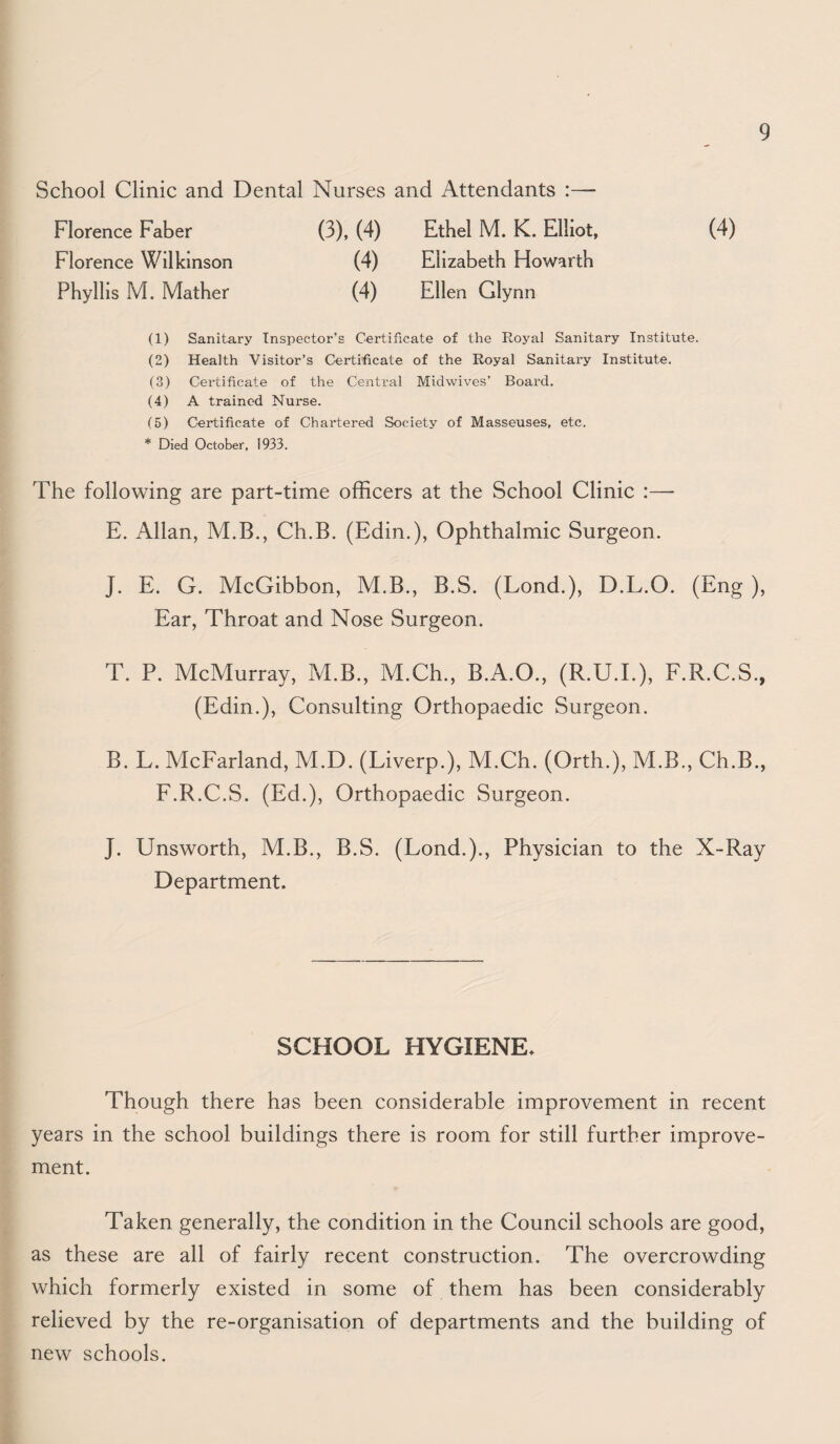 School Clinic and Dental Nurses and Attendants :— Florence Faber (3), (4) Ethel M. K. Elliot, (4) Florence Wilkinson (4) Elizabeth Howartb Phyllis M. Mather (4) Ellen Glynn (1) Sanitary Inspector’s Certificate of the Royal Sanitary Institute. (2) Health Visitor’s Certificate of the Royal Sanitary Institute. (3) Certificate of the Central Midwives’ Board. (4) A trained Nurse. (5) Certificate of Chartered Society of Masseuses, etc. * Died October, 1933. The following are part-time officers at the School Clinic :— E. Allan, M.B., Ch.B. (Edin.), Ophthalmic Surgeon. J. E. G. McGibbon, M.B., B.S. (Lond.), D.L.O. (Eng ), Ear, Throat and Nose Surgeon. T. P. McMurray, ?vI.B., M.Ch., B.A.O., (R.U.I.), F.R.C.S., (Edin.), Consulting Orthopaedic Surgeon. B. L. McFarland, M.D. (Liverp.), M.Ch. (Orth.), M.B., Ch.B., F.R.C.S. (Ed.), Orthopaedic Surgeon. J. Unsworth, M.B., B.S. (Lond.)., Physician to the X-Ray Department. SCHOOL HYGIENE. Though there has been considerable improvement in recent years in the school buildings there is room for still further improve¬ ment. Taken generally, the condition in the Council schools are good, as these are all of fairly recent construction. The overcrowding which formerly existed in some of them has been considerably relieved by the re-organisation of departments and the building of new schools.