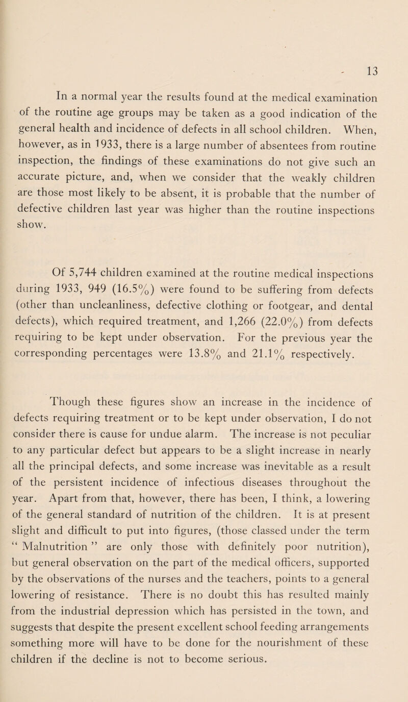 In a normal year the results found at the medical examination of the routine age groups may be taken as a good indication of the general health and incidence of defects in all school children. When, however, as in 1933, there is a large number of absentees from routine inspection, the findings of these examinations do not give such an accurate picture, and, when we consider that the weakly children are those most likely to be absent, it is probable that the number of defective children last year was higher than the routine inspections show. Of 5,744 children examined at the routine medical inspections during 1933, 949 (16.5%) were found to be suffering from defects (other than uncleanliness, defective clothing or footgear, and dental defects), which required treatment, and 1,266 (22.0%) from defects requiring to be kept under observation. For the previous year the corresponding percentages were 13.8% and 21.1% respectively. Though these figures show an increase in the incidence of defects requiring treatment or to be kept under observation, I do not consider there is cause for undue alarm. The increase is not peculiar to any particular defect but appears to be a slight increase in nearly all the principal defects, and some increase was inevitable as a result of the persistent incidence of infectious diseases throughout the year. Apart from that, however, there has been, I think, a lowering of the general standard of nutrition of the children. It is at present slight and difficult to put into figures, (those classed under the term Malnutrition ” are only those with definitely poor nutrition), but general observation on the part of the medical officers, supported by the observations of the nurses and the teachers, points to a general lowering of resistance. There is no doubt this has resulted mainly from the industrial depression which has persisted in the town, and suggests that despite the present excellent school feeding arrangements something more will have to be done for the nourishment of these children if the decline is not to become serious.