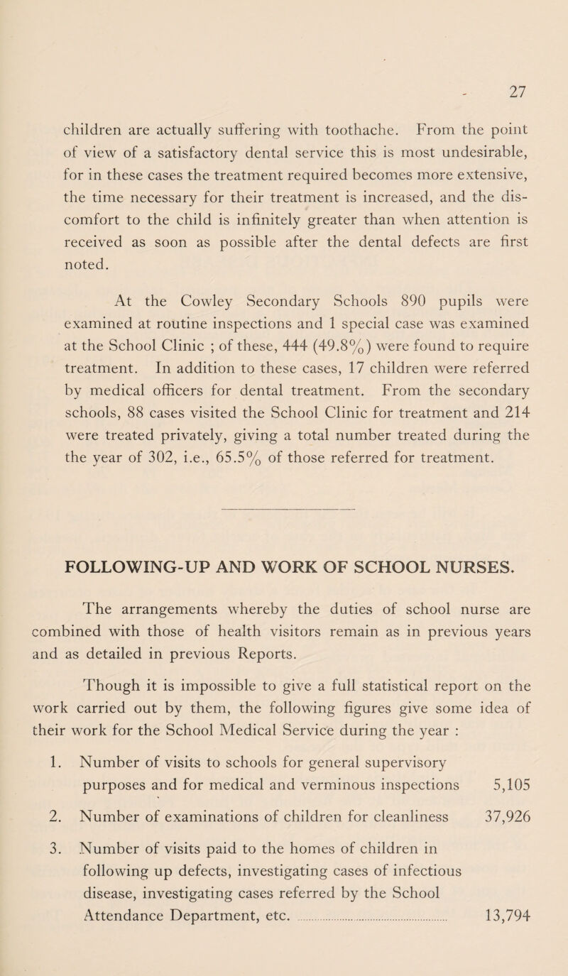 children are actually suffering with toothache. From the point of view of a satisfactory dental service this is most undesirable, for in these cases the treatment required becomes more extensive, the time necessary for their treatment is increased, and the dis¬ comfort to the child is infinitely greater than when attention is received as soon as possible after the dental defects are first noted. At the Cowley Secondary Schools 890 pupils were examined at routine inspections and 1 special case was examined at the School Clinic ; of these, 444 (49.8%) were found to require treatment. In addition to these cases, 17 children were referred by medical officers for dental treatment. From the secondary schools, 88 cases visited the School Clinic for treatment and 214 were treated privately, giving a total number treated during the the year of 302, i.e., 65.5% of those referred for treatment. FOLLOWING-UP AND WORK OF SCHOOL NURSES. The arrangements whereby the duties of school nurse are combined with those of health visitors remain as in previous years and as detailed in previous Reports. Though it is impossible to give a full statistical report on the work carried out by them, the following figures give some idea of their work for the School Medical Service during the year : 1. Number of visits to schools for general supervisory purposes and for medical and verminous inspections 5,105 2. Number of examinations of children for cleanliness 37,926 3. Number of visits paid to the homes of children in following up defects, investigating cases of infectious disease, investigating cases referred by the School Attendance Department, etc. . 13,794