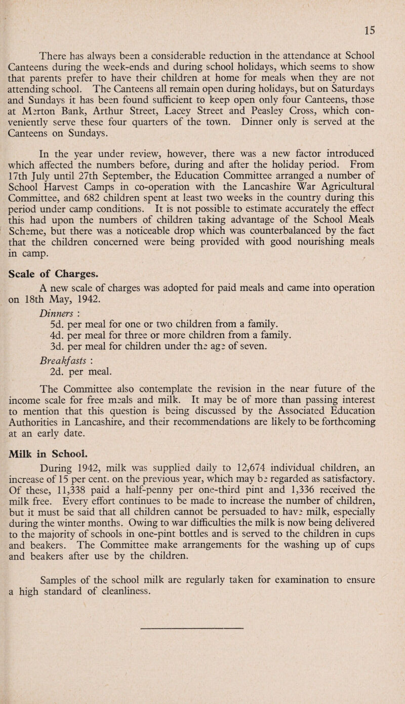 There has always been a considerable reduction in the attendance at School Canteens during the week-ends and during school holidays, which seems to show that parents prefer to have their children at home for meals when they are not attending school. The Canteens all remain open during holidays, but on Saturdays and Sundays it has been found sufficient to keep open only four Canteens, those at Merton Bank, Arthur Street, Lacey Street and Peasley Cross, which con¬ veniently serve these four quarters of the town. Dinner only is served at the Canteens on Sundays. In the year under review, however, there was a new factor introduced which affected the numbers before, during and after the holiday period. From 17th July until 27th September, the Education Committee arranged a number of School Harvest Camps in co-operation with the Lancashire War Agricultural Committee, and 682 children spent at least two weeks in the country during this period under camp conditions. It is not possible to estimate accurately the effect this had upon the numbers of children taking advantage of the School Meals Scheme, but there was a noticeable drop which was counterbalanced by the fact that the children concerned were being provided with good nourishing meals in camp. Scale of Charges. A new scale of charges was adopted for paid meals and came into operation on 18th May, 1942. Dinners : 5d. per meal for one or two children from a family. 4d. per meal for three or more children from a family. 3d. per meal for children under the age of seven. Breakfasts : 2d. per meal. The Committee also contemplate the revision in the near future of the income scale for free meals and milk. It may be of more than passing interest to mention that this question is being discussed by the Associated Education Authorities in Lancashire, and their recommendations are likely to be forthcoming at an early date. Milk in School. During 1942, milk was supplied daily to 12,674 individual children, an increase of 15 per cent, on the previous year, which may hi regarded as satisfactory. Of these, 11,338 paid a half-penny per one-third pint and 1,336 received the milk free. Every effort continues to be made to increase the number of children, but it must be said that all children cannot be persuaded to have milk, especially during the winter months. Owing to war difficulties the milk is now being delivered to the majority of schools in one-pint bottles and is served to the children in cups and beakers. The Committee make arrangements for the washing up of cups and beakers after use by the children. Samples of the school milk are regularly taken for examination to ensure a high standard of cleanliness.