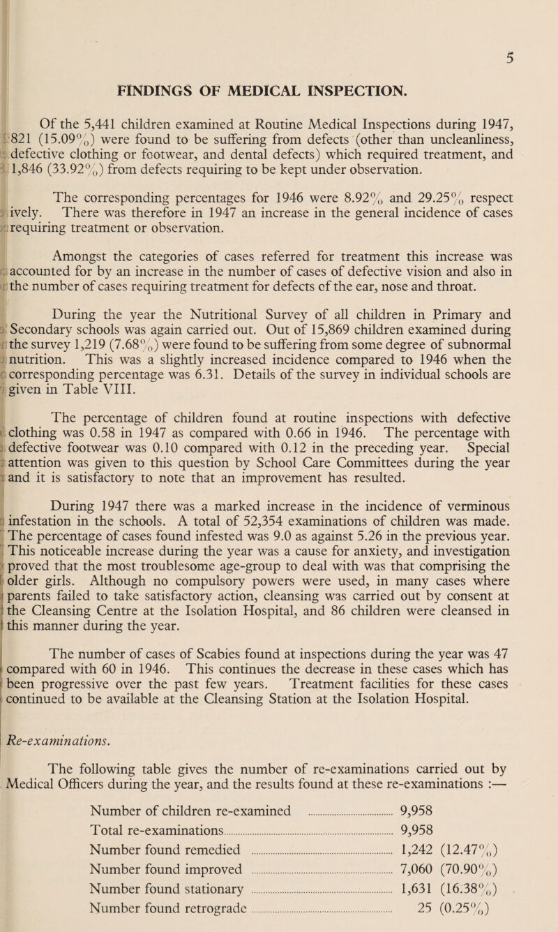 FINDINGS OF MEDICAL INSPECTION. Of the 5,441 children examined at Routine Medical Inspections during 1947, 821 (15.09^o) were found to be suffering from defects (other than uncleanliness, defective clothing or footwear, and dental defects) which required treatment, and 1,846 (33.92%) from defects requiring to be kept under observation. The corresponding percentages for 1946 were 8.92% and 29.25% respect ively. There was therefore in 1947 an increase in the general incidence of cases requiring treatment or observation. Amongst the categories of cases referred for treatment this increase was accounted for by an increase in the number of cases of defective vision and also in . the number of cases requiring treatment for defects of the ear, nose and throat. I' During the year the Nutritional Survey of all children in Primary and Secondary schools was again carried out. Out of 15,869 children examined during i the survey 1,219 (7.68%) were found to be suffering from some degree of subnormal nutrition. This was a slightly increased incidence compared to 1946 when the corresponding percentage was 6.31. Details of the survey in individual schools are given in Table VIII. The percentage of children found at routine inspections with defective ^ clothing was 0.58 in 1947 as compared with 0.66 in 1946. The percentage with j defective footwear was 0.10 compared with 0.12 in the preceding year. Special ; attention was given to this question by School Care Committees during the year i and it is satisfactory to note that an improvement has resulted. During 1947 there was a marked increase in the incidence of verminous j infestation in the schools. A total of 52,354 examinations of children was made. The percentage of cases found infested was 9.0 as against 5.26 in the previous year. . This noticeable increase during the year was a cause for anxiety, and investigation proved that the most troublesome age-group to deal with was that comprising the [ older girls. Although no compulsory powers were used, in many cases where < parents failed to take satisfactory action, cleansing was carried out by consent at ] the Cleansing Centre at the Isolation Hospital, and 86 children were cleansed in 1 this manner during the year. The number of cases of Scabies found at inspections during the year was 47 I compared with 60 in 1946. This continues the decrease in these cases which has ( been progressive over the past few years. Treatment facilities for these cases ' continued to be available at the Cleansing Station at the Isolation Hospital. Re-examinations. The following table gives the number of re-examinations carried out by Medical Officers during the year, and the results found at these re-examinations :— Number of children re-examined . 9,958 Total re-examinations. 9,958 Number found remedied . 1,242 (12.47%) Number found improved . 7,060 (70.90%) Number found stationary . 1,631 (16.38%) Number found retrograde. 25 (0.25%)