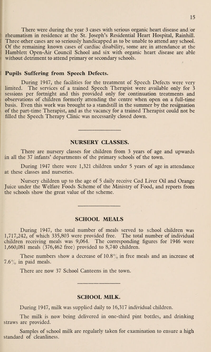 There were during the year 3 cases with serious organic heart disease and/or [• rheumatism in residence at the St. Joseph’s Residential Heart Hospital, Rainhill. 1 Three other cases are so seriously handicapped as to be unable to attend any school, j Of the remaining known cases of cardiac disability, some are, in attendance at the : Hamblett Open-Air Council School and six with organic heart disease are able ^ without detriment to attend primary or secondary schools. ] Pupils Suffering from Speech Defects. During 1947, the facilities for the treatment of Speech Defects were very limited. The services of a trained Speech Therapist were available only for 3 i sessions per fortnight and this provided only for continuation treatments and : observations of children formerly attending the centre when open on a full-time I basis. Even this work was brought to a standstill in the summer by the resignation of the part-time Therapist, and as the vacancy for a trained Therapist could not be filled the Speech Therapy Clinic was necessarily closed down. NURSERY CLASSES. There are nursery classes for children from 3 years of age and upwards in all the 37 infants’ departments of the primary schools of the town. During 1947 there were 1,321 children under 5 years of age in attendance at these classes and nurseries. Nursery children up to the age of 5 daily receive Cod Liver Oil and Orange Juice under the Welfare Foods Scheme of the Ministry of Food, and reports from the schools show the great value of the scheme. SCHOOL MEALS During 1947, the total number of meals served to school children was 1,717,242, of which 335,803 were provided free. The total number of individual children receiving meals was 9,064. The corresponding figures for 1946 were 1,660,081 meals (376,462 free) provided to 8,740 children. These numbers show a decrease of 10.8% in free meals and an increase ot 7.6% in paid meals. There are now 37 School Canteens in the town. SCHOOL MILK. During 1947, milk was supplied daily to 16,317 individual children. The milk is now being delivered in one-third pint bottles, and drinking straws are provided. Samples of school milk are regularly taken for examination to ensure a high standard of cleanliness.