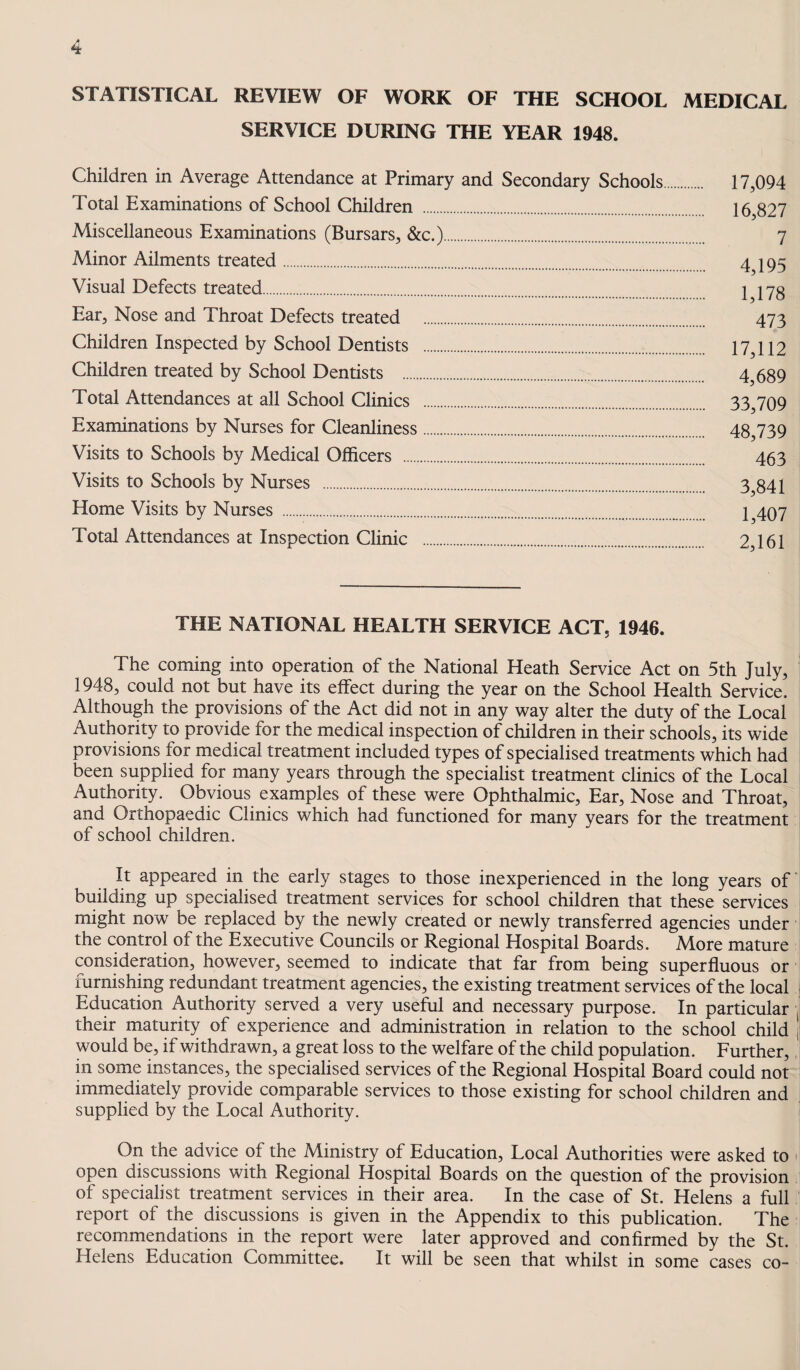 STATISTICAL REVIEW OF WORK OF THE SCHOOL MEDICAL SERVICE DURING THE YEAR 1948. Children in Average Attendance at Primary and Secondary Schools. 17,094 Total Examinations of School Children . 16,827 Miscellaneous Examinations (Bursars, &c.). 7 Minor Ailments treated. 4,195 Visual Defects treated. 1,178 Ear, Nose and Throat Defects treated . 473 Children Inspected by School Dentists . 17,112 Children treated by School Dentists . 4,689 Total Attendances at all School Clinics . 33,709 Examinations by Nurses for Cleanliness. 48,739 Visits to Schools by Medical Officers . 453 Visits to Schools by Nurses . 3,841 Home Visits by Nurses .. 1,407 Total Attendances at Inspection Clinic . 2,161 THE NATIONAL HEALTH SERVICE ACT, 1946. The coming into operation of the National Heath Service Act on 5th July, 1948, could not but have its effect during the year on the School Health Service. Although the provisions of the Act did not in any way alter the duty of the Local Authority to provide for the medical inspection of children in their schools, its wide provisions for medical treatment included types of specialised treatments which had been supplied for many years through the specialist treatment clinics of the Local Authority. Obvious examples of these were Ophthalmic, Ear, Nose and Throat, and Orthopaedic Clinics which had functioned for many years for the treatment of school children. It appeared in the early stages to those inexperienced in the long years of' building up specialised treatment services for school children that these services might now be replaced by the newly created or newly transferred agencies under the control of the Executive Councils or Regional Hospital Boards. More mature consideration, however, seemed to indicate that far from being superfluous or furnishing redundant treatment agencies, the existing treatment services of the local Education Authority served a very useful and necessary purpose. In particular their maturity of experience and administration in relation to the school child ' would be, if withdrawn, a great loss to the welfare of the child population. Further, in some instances, the specialised services of the Regional Hospital Board could not immediately provide comparable services to those existing for school children and supplied by the Local Authority. On the advice of the Ministry of Education, Local Authorities were asked to i open discussions with Regional Hospital Boards on the question of the provision of specialist treatment services in their area. In the case of St. Helens a full report of the discussions is given in the Appendix to this publication. The recommendations in the report were later approved and confirmed by the St. Helens Education Committee. It will be seen that whilst in some cases co-