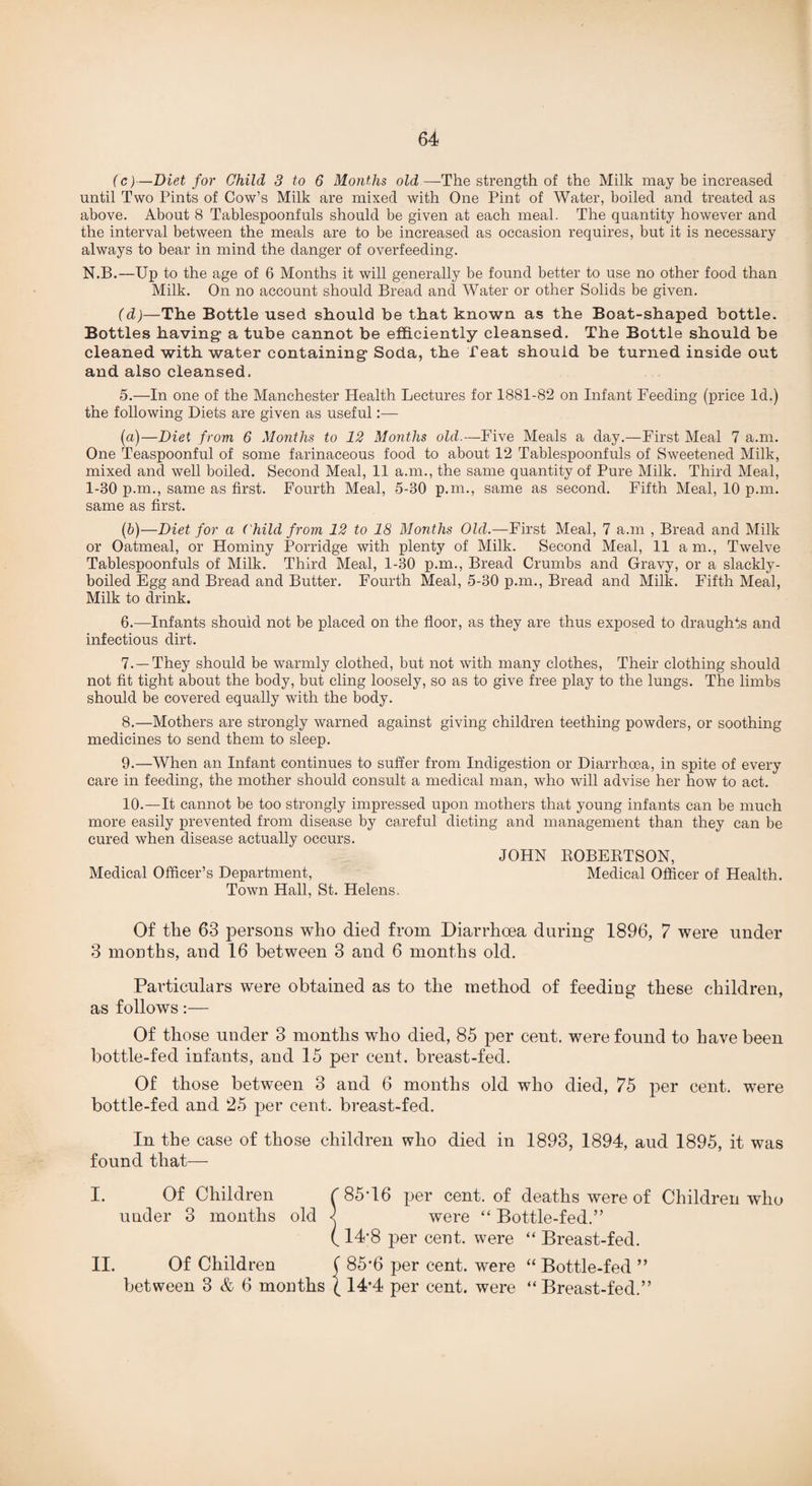 (c) —Diet for Child 3 to 6 Months old —The strength of the Milk may be increased until Two Pints of Cow’s Milk are mixed with One Pint of Water, boiled and treated as above. About 8 Tablespoonfuls should be given at each meal. The quantity however and the interval between the meals are to be increased as occasion requires, but it is necessary always to bear in mind the danger of overfeeding. N.B.—Up to the age of 6 Months it will generally be found better to use no other food than Milk. On no account should Bread and Water or other Solids be given. (d) —Tile Bottle used should be that known as the Boat-shaped bottle. Bottles having- a tube cannot be efficiently cleansed. The Bottle should be cleaned with water containing Soda, the feat should be turned inside out and also cleansed. 5. —In one of the Manchester Health Lectures for 1881-82 on Infant Feeding (price Id.) the following Diets are given as useful:— (a) —Diet from, 6 Months to 12 Months old.—Five Meals a day.—First Meal 7 a.m. One Teaspoonful of some farinaceous food to about 12 Tablespoonfuls of Sweetened Milk, mixed and well boiled. Second Meal, 11 a.m., the same quantity of Pure Milk. Third Meal, 1-30 p.m., same as first. Fourth Meal, 5-30 p.m., same as second. Fifth Meal, 10 p.m. same as first. (b) —Diet for a ( hild from 12 to 18 Months Old.—First Meal, 7 a.m , Bread and Milk or Oatmeal, or Hominy Porridge with plenty of Milk. Second Meal, 11 am., Twelve Tablespoonfuls of Milk. Third Meal, 1-30 p.m., Bread Crumbs and Gravy, or a slackly- boiled Egg and Bread and Butter. Fourth Meal, 5-30 p.m., Bread and Milk. Fifth Meal, Milk to drink. 6. —Infants should not be placed on the floor, as they are thus exposed to draughts and infectious dirt. 7. —They should be warmly clothed, but not with many clothes, Their clothing should not fit tight about the body, but cling loosely, so as to give free play to the lungs. The limbs should be covered equally with the body. 8. —Mothers are strongly warned against giving children teething powders, or soothing medicines to send them to sleep. 9. —When an Infant continues to suffer from Indigestion or Diarrhoea, in spite of every care in feeding, the mother should consult a medical man, who will advise her how to act. 10. —It cannot be too strongly impressed upon mothers that young infants can be much more easily prevented from disease by careful dieting and management than they can be cured when disease actually occurs. JOHN ROBERTSON, Medical Officer’s Department, Medical Officer of Health. Town Hall, St. Helens. Of the 63 persons who died from Diarrhoea during 1896, 7 were under 3 months, and 16 between 3 and 6 months old. Particulars were obtained as to the method of feeding these children, as follows:— Of those under 3 months who died, 85 per cent, were found to have been bottle-fed infants, and 15 per cent, breast-fed. Of those between 3 and 6 months old who died, 75 per cent, were bottle-fed and 25 per cent, breast-fed. In the case of those children who died in 1893, 1894, aud 1895, it was found that— I. Of Children C 85'16 per cent, of deaths were of Children who under 3 months old < were “ Bottle-fed.” ( 14*8 per cent, were “ Breast-fed. II. Of Children ( 85*6 per cent, were “ Bottle-fed ” between 3 & 6 months ( 14*4 per cent, were “Breast-fed.”