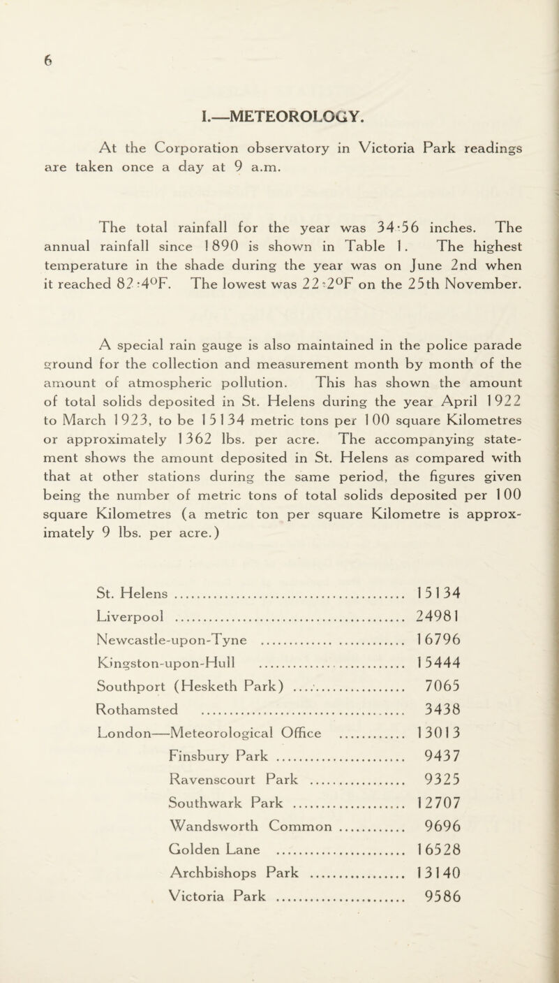 I.—METEOROLOGY. At the Corporation observatory in Victoria Park readings axe taken once a day at 9 a.m. The total rainfall for the year was 34*56 inches. The annual rainfall since 1890 is shown in Table 1. The highest temperature in the shade during the year was on June 2nd when it reached 82-*4°F. The lowest was 22n2°F on the 25th November. A special rain gauge is also maintained in the police parade ground for the collection and measurement month by month of the amount of atmospheric pollution. This has shown the amount of total solids deposited in St. Helens during the year April 1922 to March 1 923, to be 151 34 metric tons per 1 00 square Kilometres or approximately 1362 lbs. per acre. The accompanying state¬ ment shows the amount deposited in St. Helens as compared with that at other stations during the same period, the figures given being the number of metric tons of total solids deposited per 1 00 square Kilometres (a metric ton per square Kilometre is approx¬ imately 9 lbs. per acre.) St. Helens . 15134 Tiverpool . 24981 Newcastle-upon-Tyne . 16796 Kingston-upon-HuIl . 1 5444 Southport (Hesketh Park) _;. 7065 Rothamsted . 3438 London—Meteorological Office . 13013 Finsbury Park . 9437 Ravenscourt Park . 9325 Southwark Park . 12707 Wandsworth Common . 9696 Golden Lane . 16528 Archbishops Park . 13140 Victoria Park . 9586