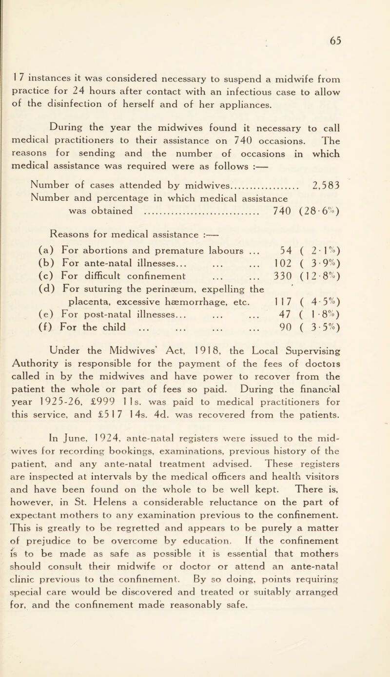 1 7 instances it was considered necessary to suspend a midwife from practice for 24 hours after contact with an infectious case to allow of the disinfection of herself and of her appliances. During the year the midwives found it necessary to call medical practitioners to their assistance on 740 occasions. The reasons for sending and the number of occasions in which medical assistance was required were as follows Number of cases attended by midwives. 2,583 Number and percentage in which medical assistance was obtained ... 740 (28-6%) Reasons for medical assistance (a) For abortions and premature labours ... 54 ( 2*1%) (b) For ante-natal illnesses... ... ... 102 ( 3 9%) (c) For difficult confinement ... ... 330 (12 8%) (d) For suturing the perinaeum, expelling the placenta, excessive haemorrhage, etc. 117 ( 4 5%) (e) For post-natal illnesses... ... ... 47 ( 18%) (f) For the child ... ... ... ... 90 ( 3 5%) Und er the Midwives’ Act, 1918, the Local Supervising Authority is responsible for the payment of the fees of doctois called in by the midwives and have power to recover from the patient the whole or part of fees so paid. During the financial year 1925-26, £999 1 Is. was paid to medical practitioners for this service, and £517 1 4s. 4d. was recovered from the patients. In June, 1924, ante-natal registers were issued to the mid¬ wives for recording bookings, examinations, previous history of the patient, and any ante-natal treatment advised. I hese registers are inspected at intervals by the medical officers and health visitors and have been found on the whole to be well kept. There is, however, in St. Helens a considerable reluctance on the part of expectant mothers to any examination previous to the confinement. This is greatly to be regretted and appears to be purely a matter of prejudice to be overcome by education. If the confinement is to be made as safe as possible it is essential that mothers should consult their midwife or doctor or attend an ante-natal clinic previous to the confinement. By so doing, points requiring special care would be discovered and treated or suitably arranged for, and the confinement made reasonably safe.