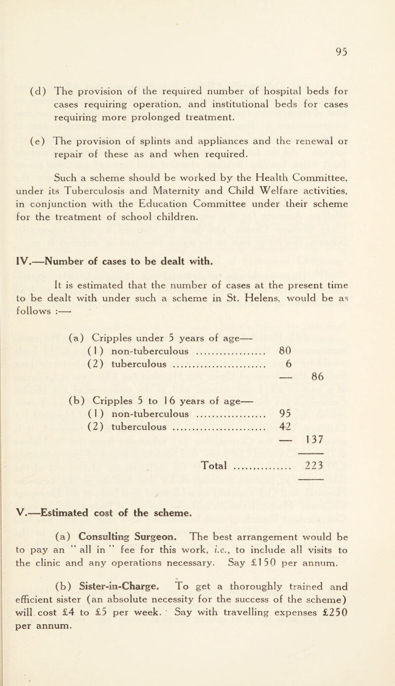 (d) The provision of the required number of hospital beds for cases requiring operation, and institutional beds for cases requiring more prolonged treatment. (e) The provision of splints and appliances and the renewal or repair of these as and when required. Such a scheme should be worked by the Health Committee, under its Tuberculosis and Maternity and Child Welfare activities, in conjunction with the Education Committee under their scheme for the treatment of school children. IV.—--Number of cases to be dealt with. It is estimated that the number of cases at the present time to be dealt with under such a scheme in St. Helens, wrould be as follows :—■ (a) Cripples under 5 years of age (1) non-tuberculous .. 80 (2) tuberculous . 6 — 86 (b) Cripples 5 to 1 6 years of age— ( 1 ) non-tuberculous . 95 (2) tuberculous . 42 — 137 Total . 223 V.—Estimated cost of the scheme. (a) Consulting Surgeon. The best arrangement would be to pay an “all in fee for this work, i.e., to include all visits to the clinic and any operations necessary. Say £150 per annum. (b) Sister-in-Charge, To get a thoroughly trained and efficient sister (an absolute necessity for the success of the scheme) will cost £4 to £5 per week. ' Say with travelling expenses £250 per annum.