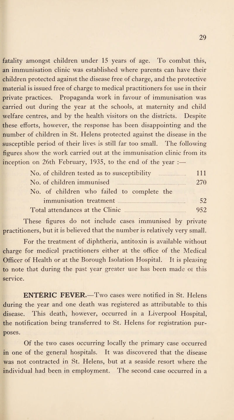 fatality amongst children under 15 years of age. To combat this, an immunisation clinic was established where parents can have their children protected against the disease free of charge, and the protective material is issued free of charge to medical practitioners foi use in their private practices. Propaganda work in favour of immunisation was carried out during the year at the schools, at maternity and child welfare centres, and by the health visitors on the districts. Despite these efforts, however, the response has been disappointing and the number of children in St. Helens protected against the disease in the susceptible period of their lives is still far too small. The following figures show the work carried out at the immunisation clinic from its inception on 26th February, 1935, to the end of the year :— No. of children tested as to susceptibility . Ill No. of children immunised . 270 No. of children who failed to complete the immunisation treatment . 52 Total attendances at the Clinic . 952 These figures do not include cases immunised by private practitioners, but it is believed that the number is relatively very small. For the treatment of diphtheria, antitoxin is available without charge for medical practitioners either at the office of the Medical Officer of Health or at the Borough Isolation Hospital. It is pleasing to note that during the past year greater use has been made ot this service. ENTERIC FEVER*—Two cases were notified in St. Helens during the year and one death was registered as attributable to this disease. This death, however, occurred in a Liverpool Hospital, the notification being transferred to St. Helens for registration pur¬ poses. Of the two cases occurring locally the primary case occurred in one of the general hospitals. It was discovered that the disease was not contracted in St. Helens, but at a seaside resort where the individual had been in employment. The second case occurred in a