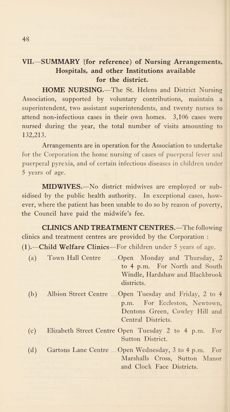 VIL—SUMMARY (for reference) of Nursing Arrangements, Hospitals, and other Institutions available for the district* HOME NURSING*—The St. Helens and District Nursing Association, supported by voluntary contributions, maintain a superintendent, two assistant superintendents, and twenty nurses to attend non-infectious cases in their own homes. 3,106 cases were nursed during the year, the total number of visits amounting to 132,213. Arrangements are in operation for the Association to undertake for the Corporation the home nursing of cases of puerperal fever and puerperal pyrexia, and of certain infectious diseases in children under 5 years of age. MIDWIVES*—No district midwives are employed or sub¬ sidised by the public health authority. In exceptional cases, how¬ ever, where the patient has been unable to do so by reason of poverty, the Council have paid the midwife’s fee. CLINICS AND TREATMENT CENTRES*—The following clinics and treatment centres are provided by the Corporation : (1)*—Child Welfare Clinics —For children under 5 years of age. (a) 'Town Hall Centre .Open Monday and Thursday, 2 to 4 p.m. For North and South Windle, Hardshaw and Blackbrook districts. (b) Albion Street Centre .Open Tuesday and Friday, 2 to 4 p.m. For Eccleston, Newtown, Dentons Green, Cowley Hill and Central Districts. (c) Elizabeth Street Centre Open Tuesday 2 to 4 p.m. For Sutton District. (d) Gartons Lane Centre Open Wednesday, 3 to 4 p.m. For Marshalls Cross, Sutton Manor and Clock Face Districts.