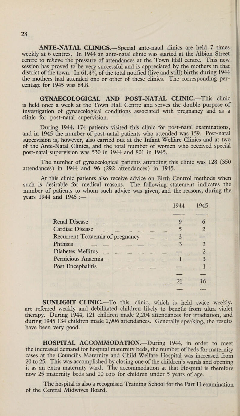 ANTE-NATAL CLINICS.—Special ante-natal clinics are held 7 times weekly at 6 centres. In 1944 an ante-natal clinic was started at the Albion Street centre to reUeve the pressure of attendances at the Town Hall centre. This new session has proved to be very successful and is appreciated by the mothers in that district of the town. In 61.4% of the total notified (live and still) births during 1944 the mothers had attended one or other of these clinics. The corresponding per¬ centage for 1945 was 64.8. GYNAECOLOGICAL AND POST-NATAL CLINIC.—This clinic is held once a week at the Town Hall Centre and serves the double purpose of investigation of gynaecological conditions associated with pregnancy and as a clinic for post-natal supervision. During 1944, 174 patients visited this clinic for post-natal examinations, and in 1945 the number of post-natal patients who attended was 159. Post-natal supervision is, however, also carried out at the Infant Welfare Clinics and at two of the Ante-Natal Clinics, and the total number of women who received special post-natal supervision was 530 in 1944 and 801 in 1945. The number of gynaecological patients attending this clinic was 128 (350 attendances) in 1944 and 96 (292 attendances) in 1945. At this clinic patients also receive advice on Birth Control methods when such is desirable for medical reasons. The following statement indicates the number of patients to whom such advice was given, and the reasons, during the years 1944 and 1945 :— 1944 1945 Renal Disease . 9 6 Cardiac Disease . 5 2 Recurrent Toxaemia of pregnancy . 3 — Phthisis . 3 2 Diabetes Mellitus . — 2 Pernicious Anaemia. 1 3 Post Encephalitis . — 1 21 16 SUNLIGHT CLINIC.—To this clinic, which is held twice weekly, are referred weakly and debilitated children likely to benefit from ultra violet therapy. During 1944, 121 children made 2,204 attendances for irradiation, and during 1945 134 children made 2,906 attendances. Generally speaking, the results have been very good. HOSPITAL ACCOMMODATION.—During 1944, in order to meet the increased demand for hospital maternity beds, the number of beds for maternity cases at the Council’s Maternity and Child Welfare Hospital was increased from 20 to 25. This was accomplished by closing one of the children’s wards and opening it as an extra maternity ward. The accommodation at that Hospital is therefore now 25 maternity beds and 20 cots for children under 5 years of age. The hospital is also a recognised Training School for the Part 11 examination of the Central Midwives Board.