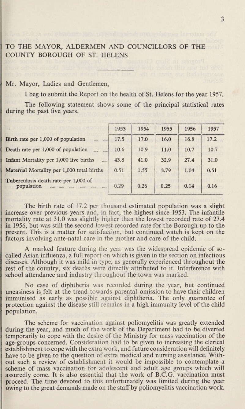 TO THE MAYOR, ALDERMEN AND COUNCILLORS OF THE COUNTY BOROUGH OF ST. HELENS Mr. Mayor, Ladies and Gentlemen, I beg to submit the Report on the health of St. Helens for the year 1957. The following statement shows some of the principal statistical rates during the past five years. • 1953 1954 1955 1956 1957 Birth rate per 1,000 of population . 17.5 17.0 16.0 16.8 17.2 Death rate per 1,000 of population ..... 10.6 10.9 11.0 10.7 10.7 Infant Mortahty per 1,000 hve births 43.8 41.0 32.9 27.4 31.0 Maternal Mortality per 1,000 total births 0.51 1.55 3.79 1.04 0.51 Tuberculosis death rate per 1,000 of population . 0.29 0.26 0.25 0.14 0.16 The birth rate of 17.2 per thousand estimated population was a slight increase over previous years and, in fact, the highest since 1953. The infantile mortality rate at 31.0 was slightly higher than the lowest recorded rate of 27.4 in 1956, but was still the second lowest recorded rate for the Borough up to the present. This is a matter for satisfaction, but continued watch is kept on the factors involving ante-natal care in the mother and care of the child. A marked feature during the year was the widespread epidemic of so- called Asian influenza, a full report on which is given in the section on infectious diseases. Although it was mild in type, as generally experienced throughout the rest of the country, six deaths were directly attributed to it. Interference with school attendance and industry throughout the town was marked. No case of diphtheria was recorded during the year, but continued uneasiness is felt at the trend towards parental omission to have their children immunised as early as possible against diphtheria. The only guarantee of protection against the disease still remains in a high immunity level of the child population. The scheme for vaccination against poliomyelitis was greatly extended during the year, and much of the work of the Department had to be diverted temporarily to cope with the desire of the Ministry for mass vaccination of the age-groups concerned. Consideration had to be given to increasing the clerical establishment to cope with the extra work, and future consideration will definitely have to be given to the question of extra medical and nursing assistance. With¬ out such a review of establishment it would be impossible to contemplate a scheme of mass vaccination for adolescent and adult age groups which will assuredly come. It is also essential that the work of B.C.G. vaccination must proceed. The time devoted to this unfortunately was limited during the year owing to the great demands made on the staff by poliomyelitis vaccination work.