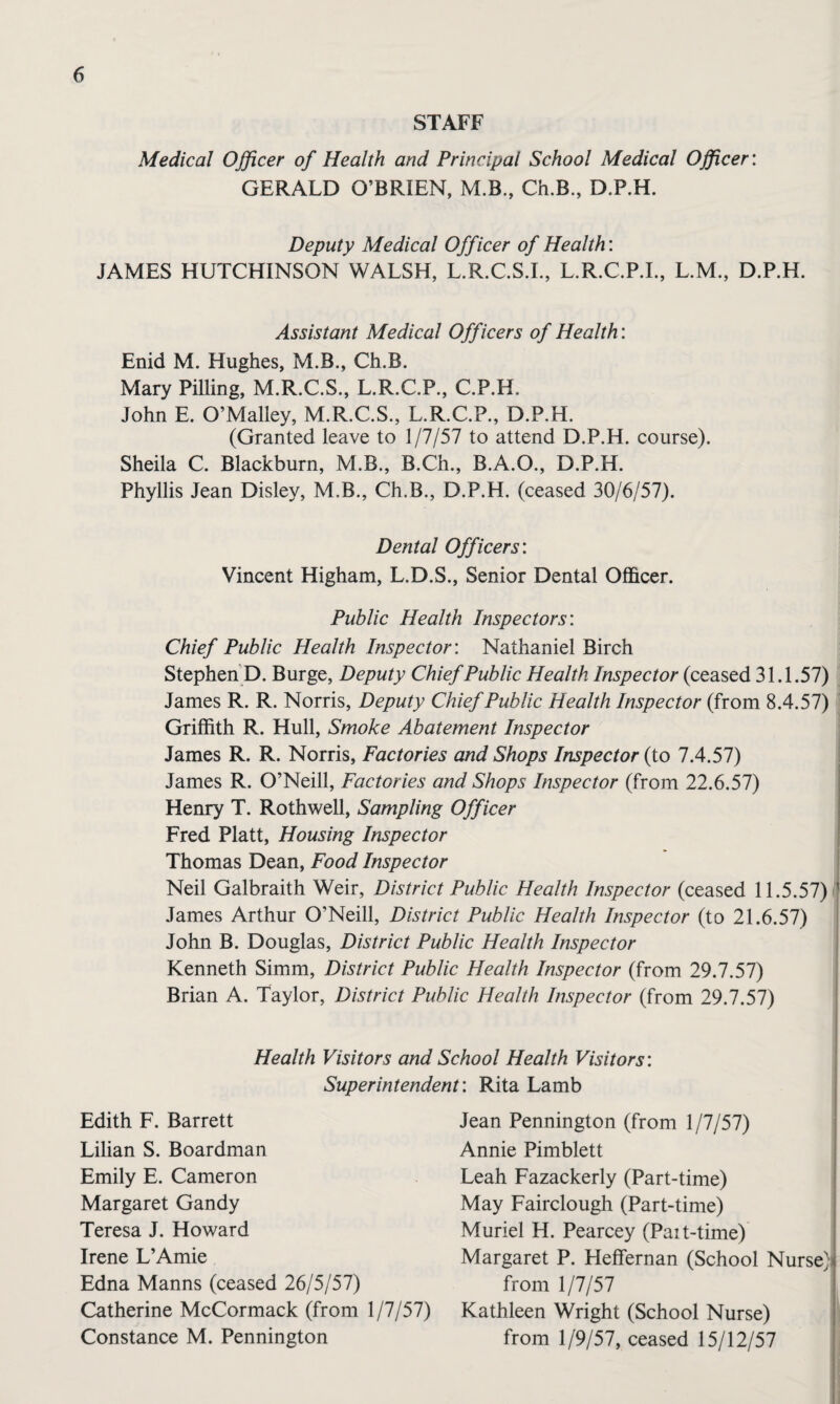 STAFF Medical Ojficer of Health and Principal School Medical Officer: GERALD O’BRIEN, M.B., Ch.B., D.P.H. Deputy Medical Officer of Health: JAMES HUTCHINSON WALSH, L.R.C.S.L, L.R.C.P.L, L.M., D.P.H. Assistant Medical Officers of Health: Enid M. Hughes, M.B., Ch.B. Mary Pilling, M.R.C.S., L.R.C.P., C.P.H. John E. O’Malley, M.R.C.S., L.R.C.P., D.P.H. (Granted leave to 1/7/57 to attend D.P.H. course). Sheila C. Blackburn, M.B., B.Ch., B.A.O., D.P.H. Phyllis Jean Disley, M.B., Ch.B., D.P.H. (ceased 30/6/57). Dental Officers: Vincent Higham, L.D.S., Senior Dental Officer. Public Health Inspectors: Chief Public Health Inspector: Nathaniel Birch Stephen D. Burge, Deputy Chief Public Health Inspector (ceased 31.1.57) James R. R. Norris, Deputy Chief Public Health Inspector (from 8.4.57) Griffith R. Hull, Smoke Abatement Inspector James R. R. Norris, Factories and Shops Inspector (to 7.4.57) James R. O’Neill, Factories and Shops Inspector (from 22.6.57) Henry T. Rothwell, Sampling Officer Fred Platt, Housing Inspector Thomas Dean, Food Inspector Neil Galbraith Weir, District Public Health Inspector (ceased 11.5.57) James Arthur O’Neill, District Public Health Inspector (to 21.6.57) John B. Douglas, District Public Health Inspector Kenneth Simm, District Public Health Inspector (from 29.7.57) Brian A. Taylor, District Public Health Inspector (from 29.7.57) Health Visitors and School Health Visitors: Superintendent: Rita Lamb Edith F. Barrett Lilian S. Boardman Emily E. Cameron Margaret Gandy Teresa J. Howard Irene L’Amie Edna Manns (ceased 26/5/57) Catherine McCormack (from 1/7/57) Constance M. Pennington Jean Pennington (from 1/7/57) Annie Pimblett Leah Fazackerly (Part-time) May Fairclough (Part-time) Muriel H. Pearcey (Pait-time) Margaret P. Heffernan (School Nurse}i from 1 /7/57 Kathleen Wright (School Nurse) from 1/9/57, ceased 15/12/57