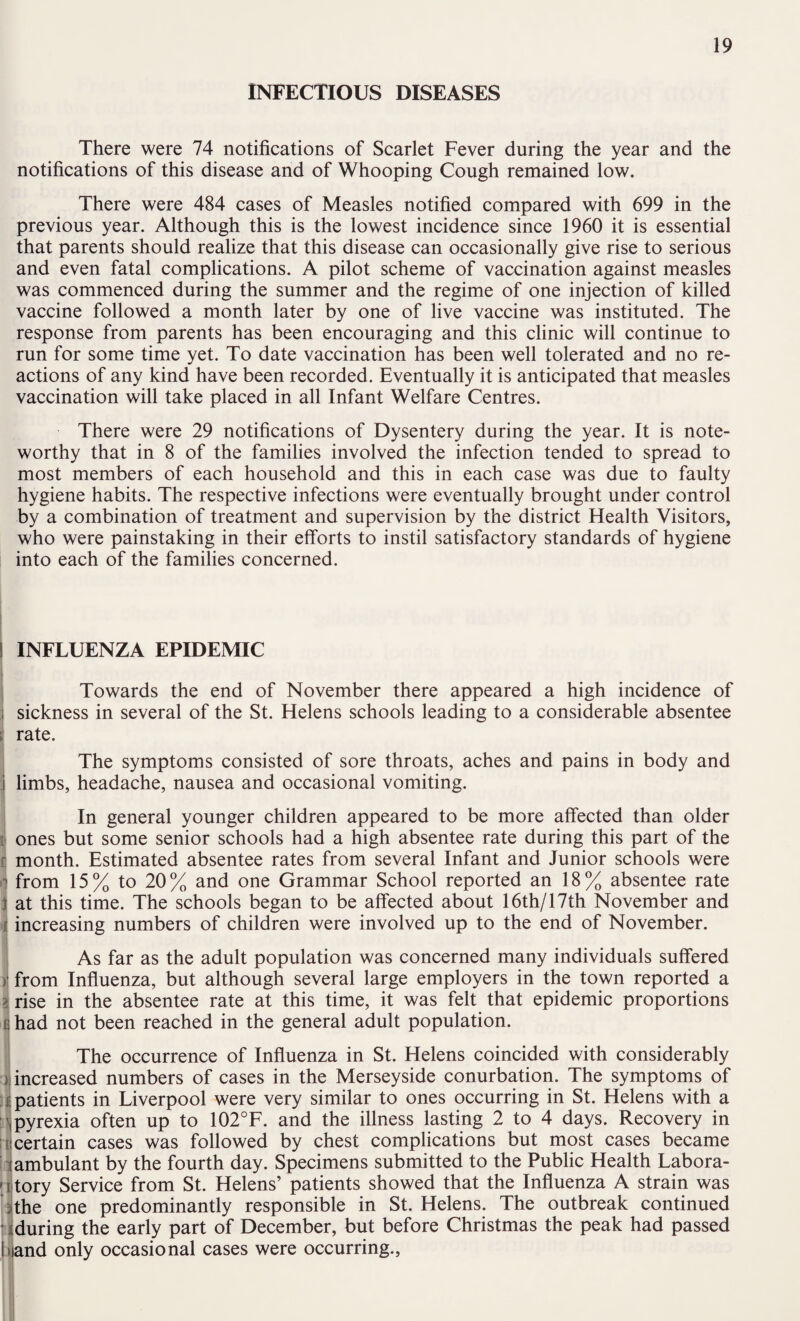 INFECTIOUS DISEASES There were 74 notifications of Scarlet Fever during the year and the notifications of this disease and of Whooping Cough remained low. There were 484 cases of Measles notified compared with 699 in the previous year. Although this is the lowest incidence since 1960 it is essential that parents should realize that this disease can occasionally give rise to serious and even fatal complications. A pilot scheme of vaccination against measles was commenced during the summer and the regime of one injection of killed vaccine followed a month later by one of live vaccine was instituted. The response from parents has been encouraging and this clinic will continue to run for some time yet. To date vaccination has been well tolerated and no re¬ actions of any kind have been recorded. Eventually it is anticipated that measles vaccination will take placed in all Infant Welfare Centres. There were 29 notifications of Dysentery during the year. It is note¬ worthy that in 8 of the families involved the infection tended to spread to most members of each household and this in each case was due to faulty hygiene habits. The respective infections were eventually brought under control by a combination of treatment and supervision by the district Health Visitors, who were painstaking in their efforts to instil satisfactory standards of hygiene into each of the families concerned. I INFLUENZA EPIDEMIC Towards the end of November there appeared a high incidence of sickness in several of the St. Helens schools leading to a considerable absentee ; rate. The symptoms consisted of sore throats, aches and pains in body and ;j limbs, headache, nausea and occasional vomiting. In general younger children appeared to be more affected than older ij ones but some senior schools had a high absentee rate during this part of the t month. Estimated absentee rates from several Infant and Junior schools were •1 from 15 % to 20 % and one Grammar School reported an 18 % absentee rate i at this time. The schools began to be affected about 16th/17th November and ij increasing numbers of children were involved up to the end of November. As far as the adult population was concerned many individuals suffered )' from Influenza, but although several large employers in the town reported a ? rise in the absentee rate at this time, it was felt that epidemic proportions ^had not been reached in the general adult population. The occurrence of Influenza in St. Helens coincided with considerably increased numbers of cases in the Merseyside conurbation. The symptoms of patients in Liverpool were very similar to ones occurring in St. Helens with a ;^pyrexia often up to 102°F. and the illness lasting 2 to 4 days. Recovery in 11! certain cases was followed by chest complications but most cases became ambulant by the fourth day. Specimens submitted to the Public Health Labora- 'Ltory Service from St. Helens’ patients showed that the Influenza A strain was ^the one predominantly responsible in St. Helens. The outbreak continued •^during the early part of December, but before Christmas the peak had passed lijand only occasional cases were occurring..