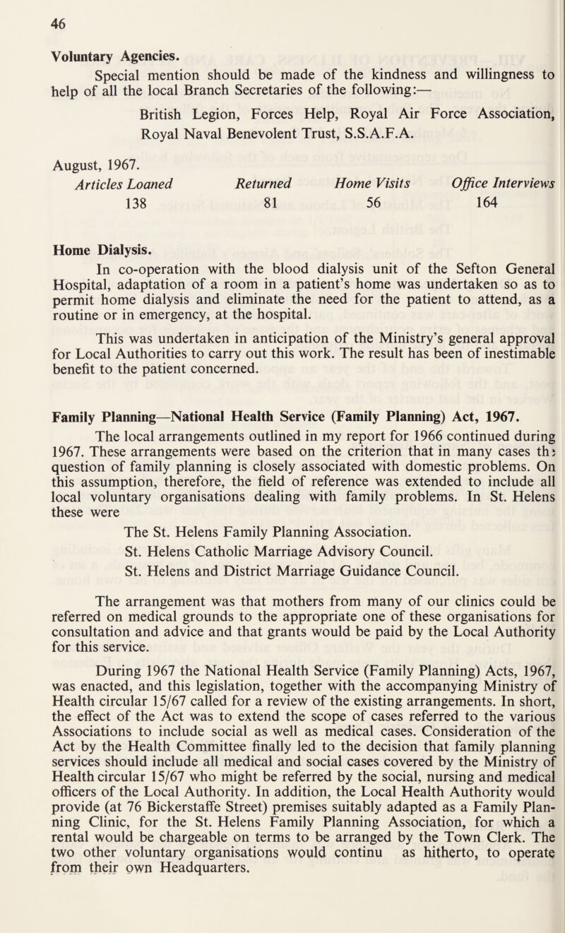Voluntary Agencies. Special mention should be made of the kindness and willingness to help of all the local Branch Secretaries of the following:— British Legion, Forces Help, Royal Air Force Association, Royal Naval Benevolent Trust, S.S.A.F.A. August, 1967. Articles Loaned Returned Home Visits Office Interviews 138 81 56 164 Home Dialysis. In co-operation with the blood dialysis unit of the Sefton General Hospital, adaptation of a room in a patient’s home was undertaken so as to permit home dialysis and eliminate the need for the patient to attend, as a routine or in emergency, at the hospital. This was undertaken in anticipation of the Ministry’s general approval for Local Authorities to carry out this work. The result has been of inestimable benefit to the patient concerned. Family Planning—National Health Service (Family Planning) Act, 1967. The local arrangements outlined in my report for 1966 continued during 1967. These arrangements were based on the criterion that in many cases thj question of family planning is closely associated with domestic problems. On this assumption, therefore, the field of reference was extended to include all local voluntary organisations dealing with family problems. In St. Helens these were The St. Helens Family Planning Association. St. Helens Catholic Marriage Advisory Council. St. Helens and District Marriage Guidance Council. The arrangement was that mothers from many of our clinics could be referred on medical grounds to the appropriate one of these organisations for consultation and advice and that grants would be paid by the Local Authority for this service. During 1967 the National Health Service (Family Planning) Acts, 1967, was enacted, and this legislation, together with the accompanying Ministry of Health circular 15/67 called for a review of the existing arrangements. In short, the effect of the Act was to extend the scope of cases referred to the various Associations to include social as well as medical cases. Consideration of the Act by the Health Committee finally led to the decision that family planning services should include all medical and social cases covered by the Ministry of Health circular 15/67 who might be referred by the social, nursing and medical officers of the Local Authority. In addition, the Local Health Authority would provide (at 76 Bickerstaffe Street) premises suitably adapted as a Family Plan¬ ning Clinic, for the St. Helens Family Planning Association, for which a rental would be chargeable on terms to be arranged by the Town Clerk. The two other voluntary organisations would continu as hitherto, to operate from their own Headquarters.