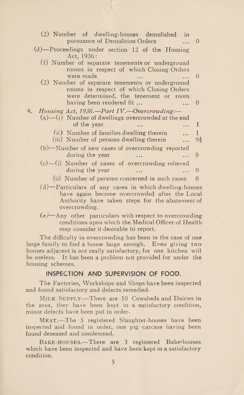 (2) Number of dwelling-houses demolished in pursuance of Demolition Orders ... 0 (d)—Proceedings under section 12 of the Housing Act, 1936: (1) Number of separate tenements or underground rooms in respect of which Closing Orders were made ... ... 0 (2) Number of separate tenements or underground rooms in respect of which Closing Orders were determined, the tenement or room having been rendered fit ... ... 0 4, Housing Act, 1936.—Part IV.—Overcrowding:— (a) —(i) Number of dwellings overcrowded at the end of the year ... ... 1 (ii) Number of families dwelling therein ... 1 (iii) Number of persons dwelling therein ... 9i (b) —Number of new cases of overcrowding reported during the year ... ... 0 (c) —(i) Number of cases of overcrowding relieved during the year ... ... 0 (ii) Number of persons concerned in such cases 0 (M)— Particulars of any cases in which dwelling-houses have again become overcrowded after the Local Authority have taken steps for the abatement of overcrowding. (e)—Any other particulars with respect to overcrowding conditions upon which the Medical Officer of Health may consider it desirable to report. The difficulty in overcrowding has been in the case of one large family to find a house large enough. Even giving two houses adjacent is not really satisfactory, for one kitchen will be useless. It has been a problem not provided for under the housing schemes. INSPECTION AND SUPERVISION OF FOOD. The Factories, Workshops and Shops have been inspected and found satisfactory and defects remedied- Milk Supply-—There are 10 Cowsheds and Dairies in the area, they have been kept in a satisfactory condition, minor defects have been put in order- Meat.—The 5 registered Slaughter-houses have been inspected and found in order, one pig carcase having been found deseased and condemned. Bake-houses.—There are 3 registered Bake-houses which have been inspected and have been kept in a satisfactory condition.