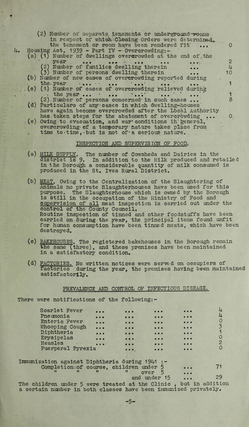 * (2) Number of separate, tenements, or underground-rooms in respect of whi eh‘-Closing Orders were determined*., the tenement or room have been rendered fit' ... 0 4. Housing Act, 1939 - Part IV - Overcrowding:- (a) (1) Number of dwellings overcrowded at the end of ..the ’yea r .... ... ... ... ... ■ 2 (2^ Number of families dwelling therein ... 4 (3) Number of persons dwelling therein ... 10 (b) Number of new- cases of overcrowding reported during the. year ■ •*» r - ... ... ..« ... 1 •f .(c) (l.) Number of cases of overcrowding relieved during . • the ye ar ... • ... ... ' ’ ... 1 (2).Number of persons concerned*in such cases ...' 8 (d) Particulars of any*cases in which dwelling-houses have again become overcrowded after the Loc&l Authority has-taken steps for the abatement of overcrowding ... 0, .(e) Owing to evacuation, and war'conditions in' general,' overcrowding-of a temporary’nature takes place from time to'time,-but is not of'a serious nature. INSPECTION AND SUPERVISION OF FOOD. (a) MILK SUPPLY. The number of Cowsheds and Dairies in the district is 9. In addition to the Milk produced and retailed in the Borough a considerable quantity of milk consumed is produced in the St. Ives Rural District. (b) MEAT. Owing to the Centralization of the Slaughtering of Animals no private Slaughterhouses have been used for this purpose. The Slaughterhouse which is owned by the Borough is still in the occupation of the Ministry of Pood and supervision of all meat inspection is carried out under the control of the County Council. Routine inspection of tinned and other foodstuffs have been carried on during the year, the principal items found unfit for human consumption have been tinned meats, which have been destroyed. (c) BAKEHOUSES. The registered bakehouses in the Borough remain the same (three), and these premises have been maintained in a satisfactory condition. (d) FACTORIES. No written notices were served on occupiers of factories during the year, the premises having been maintained satisfactorily. PREVALENCE AND CONTROL OF INFECTIOUS DISEASE. There were notifications of the following:- Scarlet Fever ... ... Pneumonia ..* ... • Enteric Fever ... ... Whooping Cough ... ... Diphtheria ... ... Erysipelas ... ... Measles ... ... . Puerperal Pyrexia ... 4 4 0 3 1 0 2 0 Immunization against Diphtheria during 1941 Completionnof course, children under 5 ... 71   M ” over 5 ... and under 15 ... 29 The children under 5 were treated at the Clinic , but in addition a certain number in both classes have been immunized privately. -5-