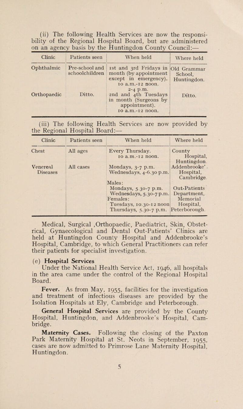 (ii) The following Health Services are now the responsi¬ bility of the Regional Hospital Board, but are administered on an agency basis by the Huntingdon County Council:— Clinic Patients seen When held Where held Ophthalmic Pre-school and 1st and 3rd Fridays in Old Grammar schoolchildren month (by appointment except in emergency). 10 a.m.-i2 noon. 2-4 p.m. School, Huntingdon. Orthopaedic Ditto. 2nd and 4th Tuesdays in month (Surgeons by appointment). 10 a.m.-i2 noon. Ditto. (iii) The following Health Services are now the Regional Hospital Board:— provided by Clinic Patients seen When held Where held Chest All ages Every Thursday. 10 a.m.-i2 noon. County Hospital, Huntingdon. Venereal Diseases All cases Mondays, 3-7 p.m. Wednesdays, 4-6.30 p.m. Males: Mondays, 5.30-7 p.m. Wednesdays, 5.30-7 p.m. Females: Tuesdays, 10.30-12 noon Thursdays, 5.30-7 p.m. Addenbrooke’, Hospital, Cambridge. Out-Patients Department, Memorial Hospital, Peterborough. Medical, Surgical , Orthopaedic, Paediatrict, Skin, Obstet¬ rical, Gynaecological and Dental Out-Patients' Clinics are held at Huntingdon County Hospital and Addenbrooke's Hospital, Cambridge, to which General Practitioners can refer their patients for specialist investigation. (e) Hospital Services Under the National Health Service Act, 1946, all hospitals in the area came under the control of the Regional Hospital Board. Fever. As from May, 1955, facilities for the investigation and treatment of infectious diseases are provided by the Isolation Hospitals at Ely, Cambridge and Peterborough. General Hospital Services are provided by the County Hospital, Huntingdon, and Addenbrooke's Hospital, Cam¬ bridge. Maternity Cases. Following the closing of the Paxton Park Maternity Hospital at St. Neots in September, 1955, cases are now admitted to Primrose Lane Maternity Hospital, Huntingdon.