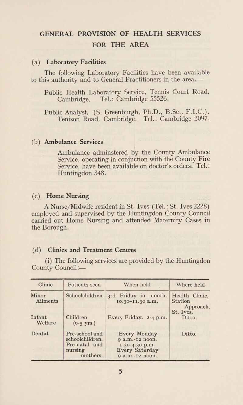 FOR THE AREA (a) Laboratory Facilities The following Laboratory Facilities have been available to this authority and to General Practitioners in the area.— Public Health Laboratory Service, Tennis Court Road, Cambridge. Tel.: Cambridge 55526. Public Analyst, (S. Greenburgh, Ph.D., B.Sc., F.I.C.), Tenison Road, Cambridge. Tel.: Cambridge 2097. (b) Ambulance Services Ambulance adminstered by the County Ambulance Service, operating in conjuction with the County Fire Service, have been available on doctor’s orders. Tel.: Huntingdon 348. (c) Home Nursing A Nurse/Midwife resident in St. Ives (Tel.: St. Ives2228) employed and supervised by the Huntingdon County Council carried out Home Nursing and attended Maternity Cases in the Borough. (d) Clinics andi Treatment Centres (i) The following services are provided by the Huntingdon County Council:— Clinic Patients seen When held Where held Minor Ailments Schoolchildren 3rd Friday in month. 10.30-11.30 a.m. Health Clinic, Station Approach, St. Ives. Infant Welfare Children (0-5 yrs.) Every Friday. 2-4 p.m. Ditto. Dental Pre-school and schoolchildren. Pre-natal and nursing mothers. Every Monday 9 a.m.-12 noon. 1.30-4.30 p.m. Every Saturday 9 a.m.-12 noon. Ditto.