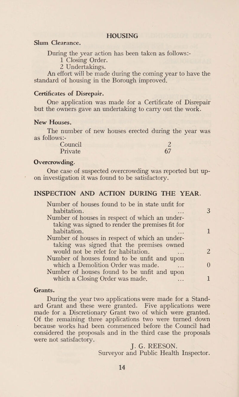 HOUSING Slum Clearance. During the year action has been taken as follows 1 Closing Order. 2 Undertakings. An effort will be made during the coming year to have the standard of housing in the Borough improved. Certificates of Disrepair. One application was made for a Certificate of Disrepair but the owners gave an undertaking to carry out the work. New Houses. The number of new houses erected during the year was as follows Council 2 Private 67 Overcrowding. One case of suspected overcrowding was reported but up¬ on investigation it was found to be satisfactory. INSPECTION AND ACTION DURING THE YEAR. Number of houses found to be in state unfit for habitation. ... 3 Number of houses in respect of which an under¬ taking was signed to render the premises fit for habitation. ... 1 Number of houses in respect of which an under¬ taking was signed that the premises owned would not be relet for habitation. ... 2 Number of houses found to be unfit and upon which a Demolition Order was made. ... 0 Number of houses found to be unfit and upon which a Closing Order was made. ... 1 Grants. During the year two applications were made for a Stand¬ ard Grant and these were granted. Five applications were made for a Discretionary Grant two of which were granted. Of the remaining three applications two were turned down because works had been commenced before the Council had considered the proposals and in the third case the proposals were not satisfactory. J. G. REESON. Surveyor and Public Health Inspector.