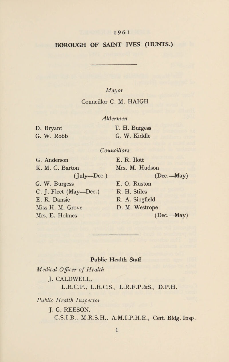 BOROUGH OF SAINT IVES (HUNTS.) Mayor Councillor C. M. HAIGH D. Bryant G. W. Robb Aldermen T. H. Burgess G. W. Kiddle Councillors G. Anderson K. M. C. Barton (July—Dec.) G. W. Burgess C. J. Fleet (May—Dec.) E. R. Dansie Miss H. M. Grove Mrs. E. Holmes E. R. Ilott Mrs. M. Hudson (Dec.—^May) E. O. Ruston R. H. Stiles R. A. Singfield D. M. Westrope (Dec.—^May) Public Health Staff Medical Officer of Health J. CALDWELL, L.R.C.P., L.R.C.S., L.R.F.P.&S., D.P.H. Public Health Inspector J. G. REESON, C.S.I.B., M.R.S.H., A.M.I.P.H.E., Cert. Bldg. Insp. 1